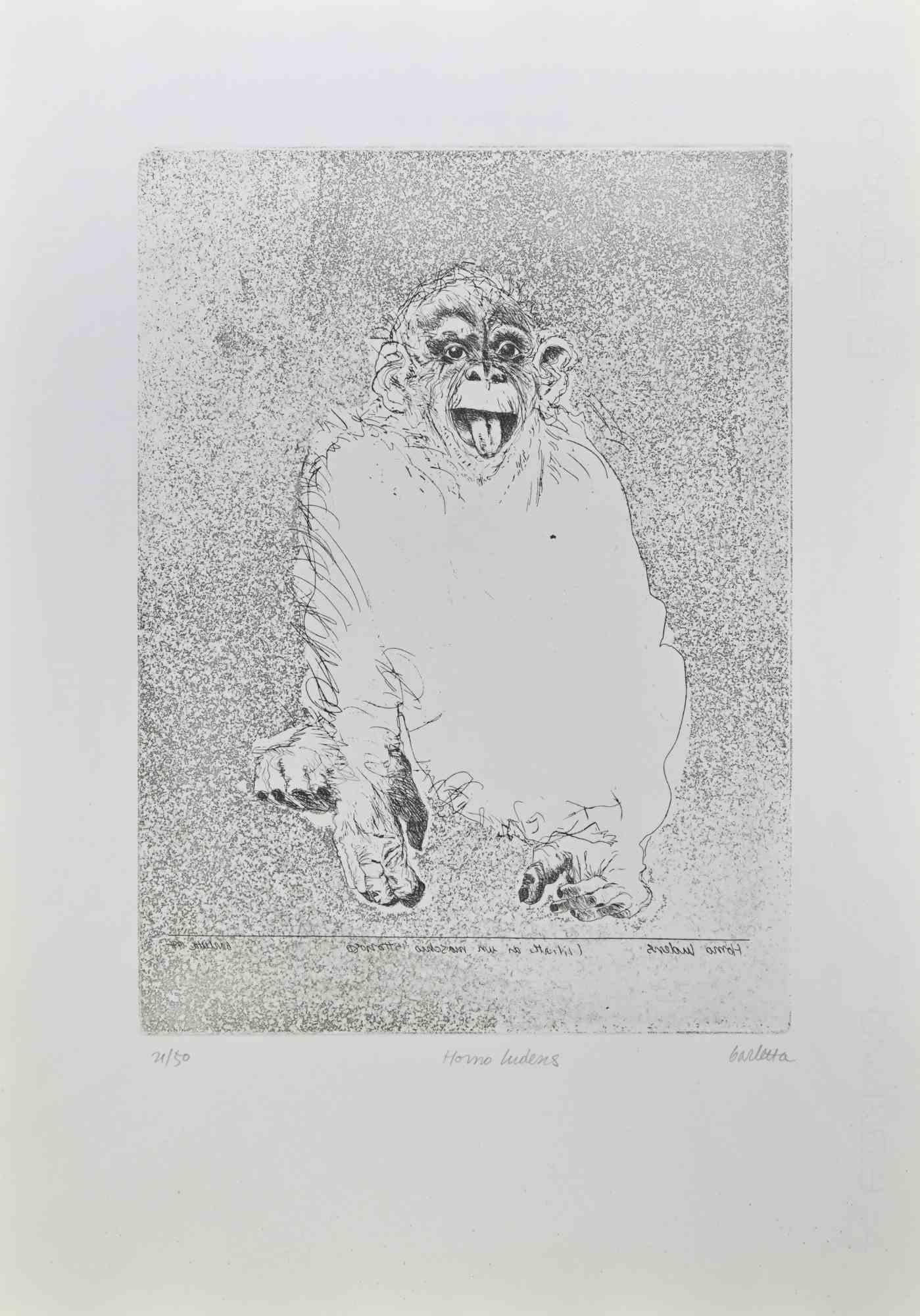 Homo Ludens est une gravure réalisée par Sergio Barletta en 1991.

Signé à la main  en bas à droite au crayon, et titré en bas au centre "Homo Ludens". Numérotée en bas à gauche, issue d'une édition de 50 tirages.

Bonnes conditions.

Sergio