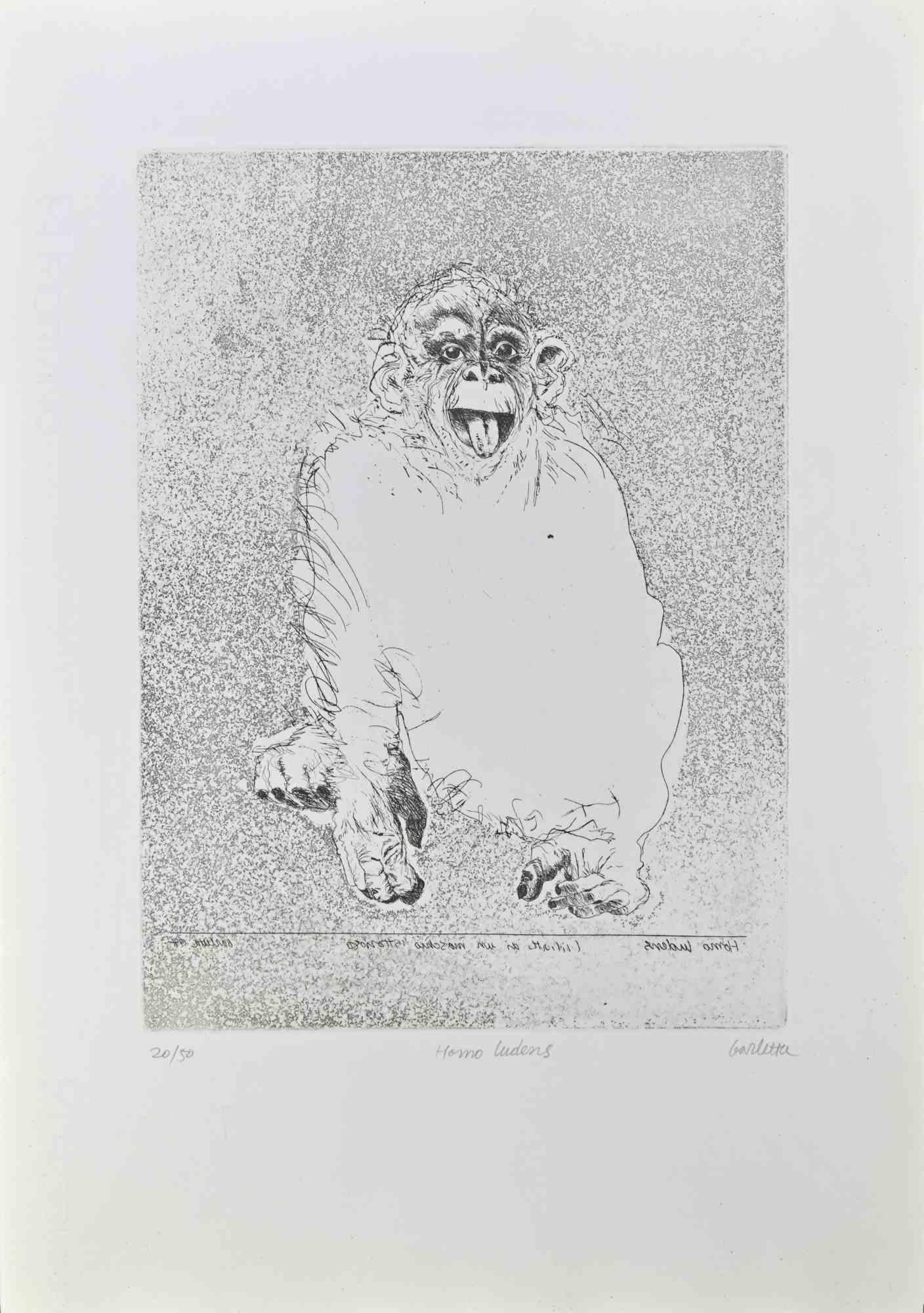 Homo Ludens  is an etching realized by Sergio Barletta in 1991.

Hand-signed  lower right in pencil, and titled lower center "Homo Ludens". Numbered lower left, from the edition of 50 prints.

Good conditions.

Sergio Barletta (1934) is an Italian
