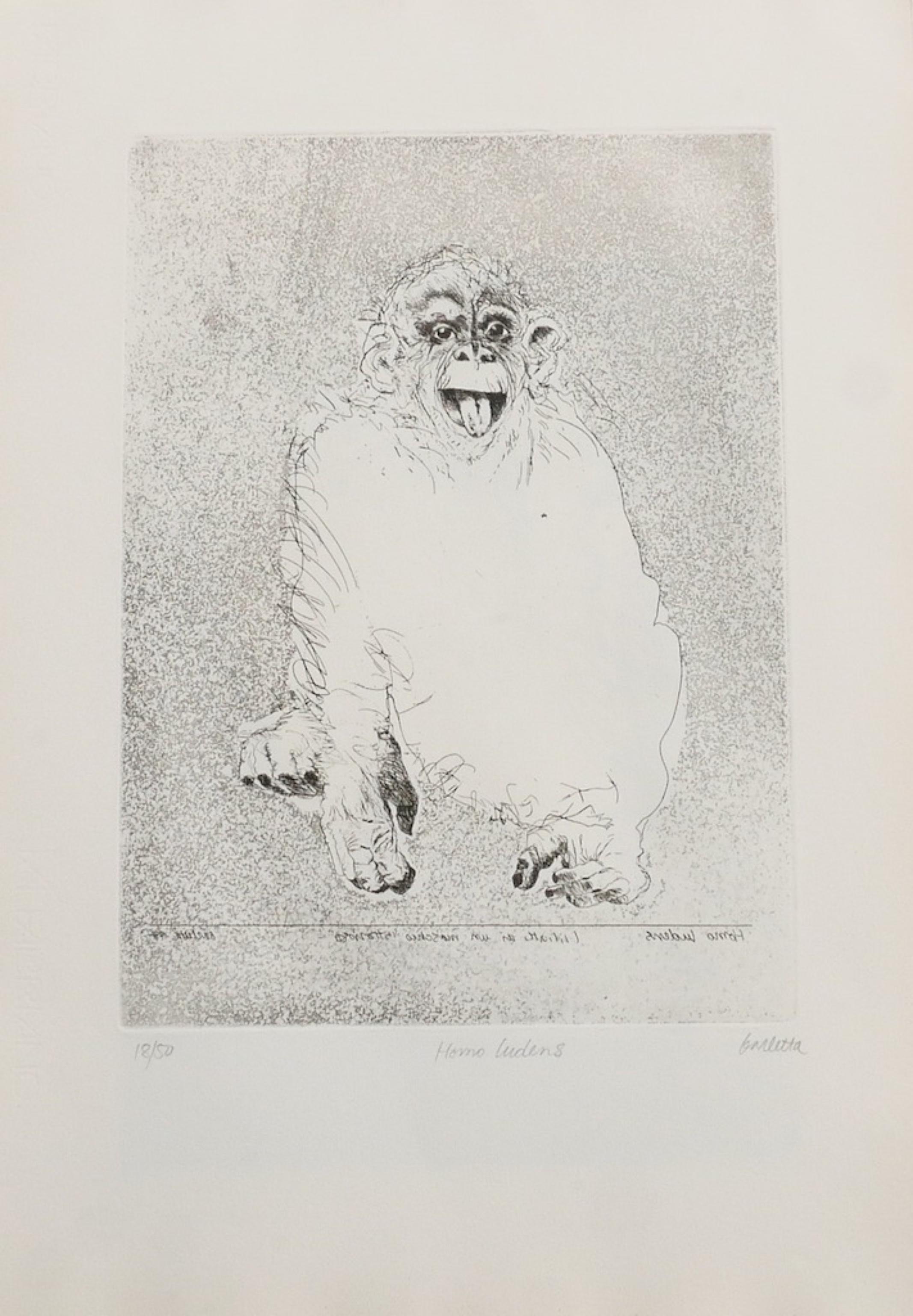 Homo Ludens es un grabado original realizado por Sergio Barletta en 1991.

Firmado a mano abajo a la derecha a lápiz, y titulado abajo en el centro "Homo Ludens". Numerada en la parte inferior izquierda, de la edición de 50 copias.

En muy buenas