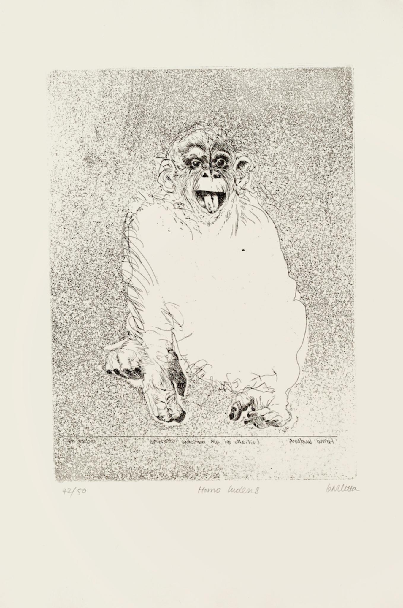 Homo Ludens is an original etching realized by Sergio Barletta in 1991.

Hand-signed lower right in pencil, and titled lower center "Homo Ludens". Numbered lower left, from the edition of 50 prints. Image Dimensions: 33 x 24  cm

In very good