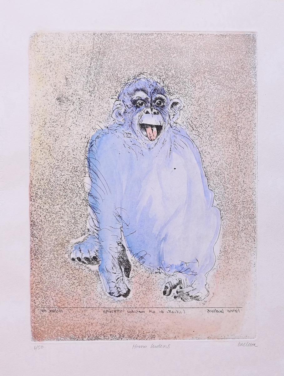 Homo Ludens is an original hand-colored etching realized by the Italian artist Sergio Barletta (Bologna, 1934).

Hand-signed in pencil on the lower right margin, titled "homo ludens" on the lower center margin 

Numbered, Edition, 49/50 on the lower