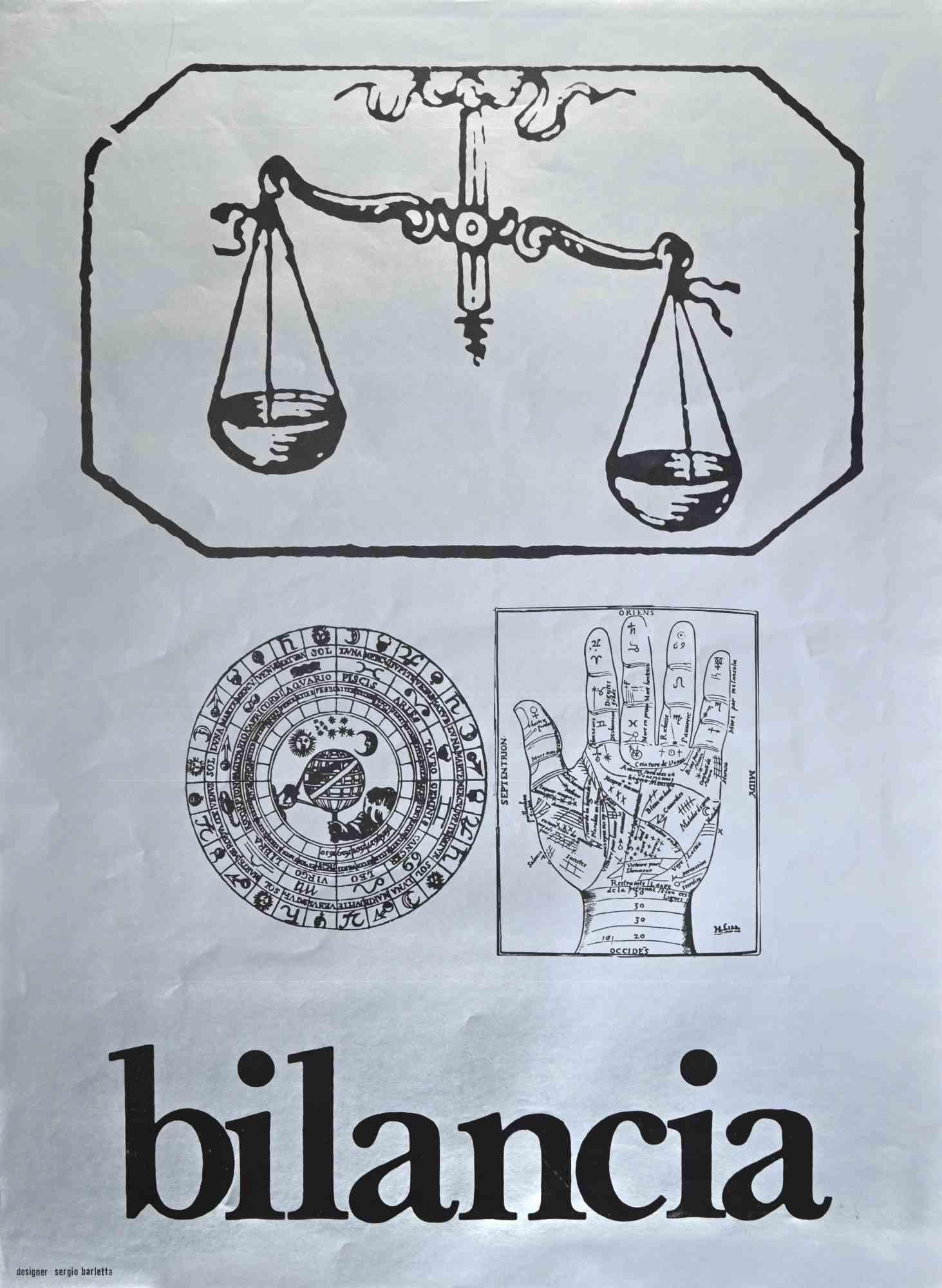 Libra is a screen print on grey paper realized by  Sergio Barletta.

Signed  on the lower left margin.

In good conditions except for fairly consumed edges.

The artwork represents the zodiac sign of scorpio through confident and quick strokes. 