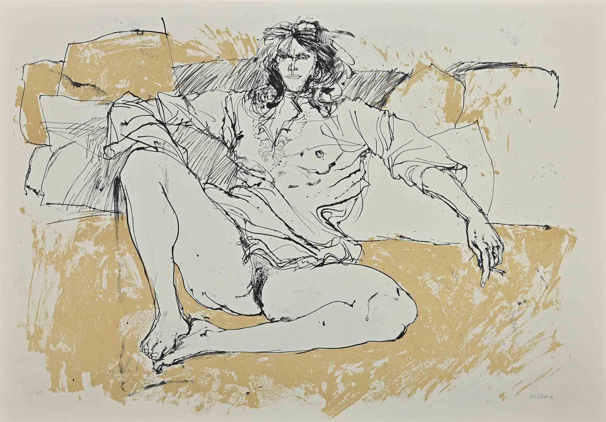 Nude is a lithograph a on paper realized in 1980 by Sergio Barletta.
Hand-signed on the lower right in pencil. from the edition of 100 prints. Numbered in pencil on the lower left.
In good condition.
The artwork represents a lying down nude through