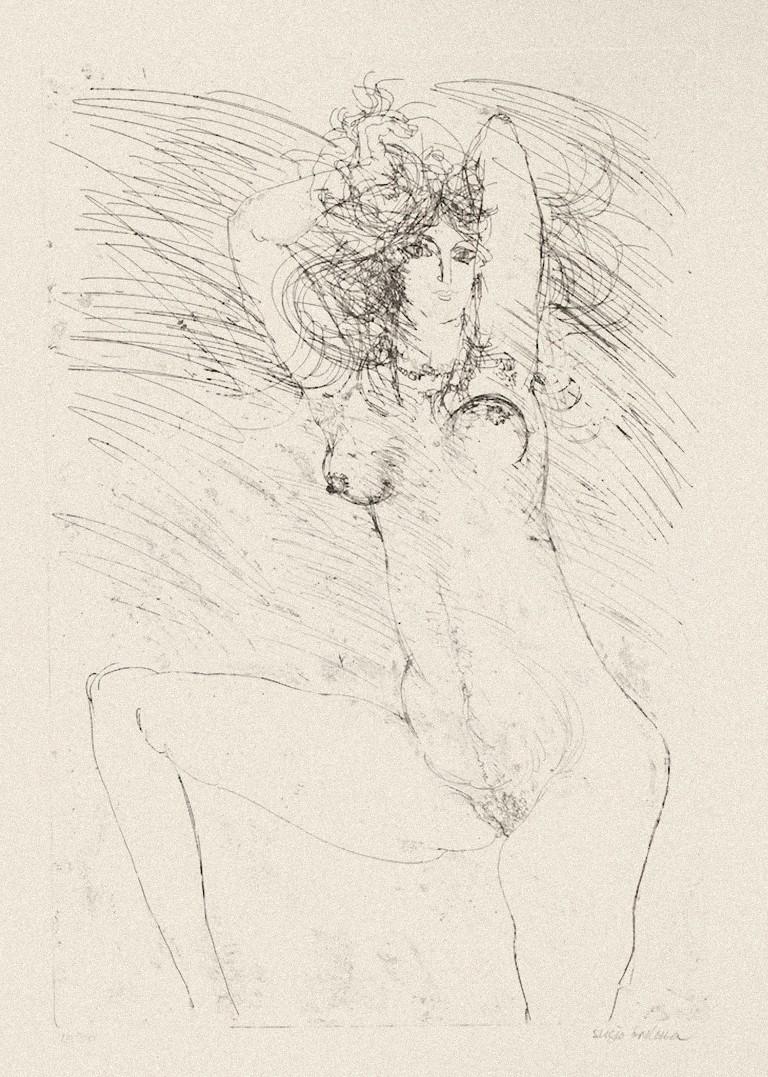 Nude is an original etching realized by Sergio Barletta in 1980 ca.

Hand-signed on the lower right in pencil. Numbered, edition of 13/50 prints, on the lower left in pencil.

In very good conditions.

The artwork represents a posing nude through