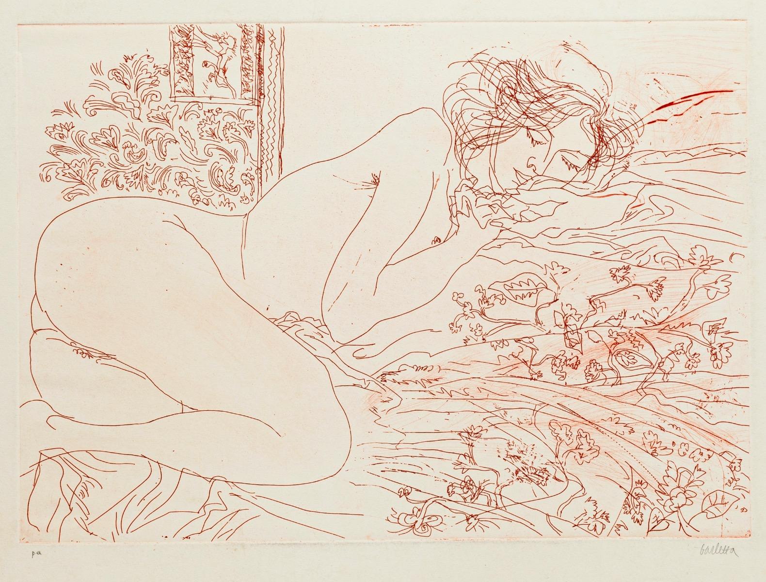 Nude is an original etching artwork, realized by Sergio Barletta, hand-signed on the lower right in pencil.

In very good conditions, except for a small piece of missing paper on the right margins, this defect does not affect the image. 

The