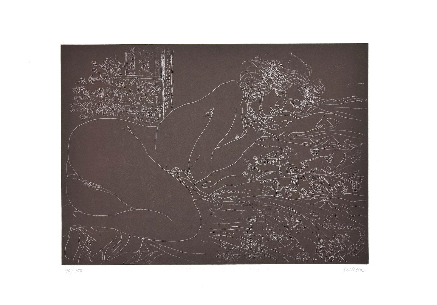 Nude ist eine Original-Radierung von Sergio Barletta. 

Rechts unten mit Bleistift handsigniert.  nummeriert unten links, Auflage. 90/100.

In sehr gutem Zustand.

Blattgröße: 35 x 50 cm.

Das Kunstwerk stellt einen liegenden Akt durch sichere und
