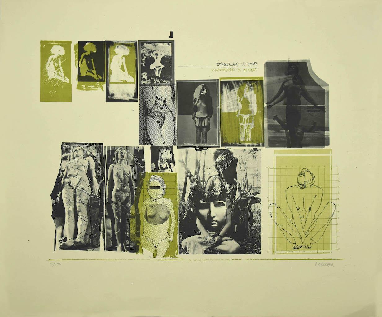 Nude is an original lithograph artwork, realized by Sergio Barletta, hand-signed, edition of 5/100.

In very good conditions. 

Here the artwork represents a different pose of nudes, collage of photo and lithograph with negative and positive