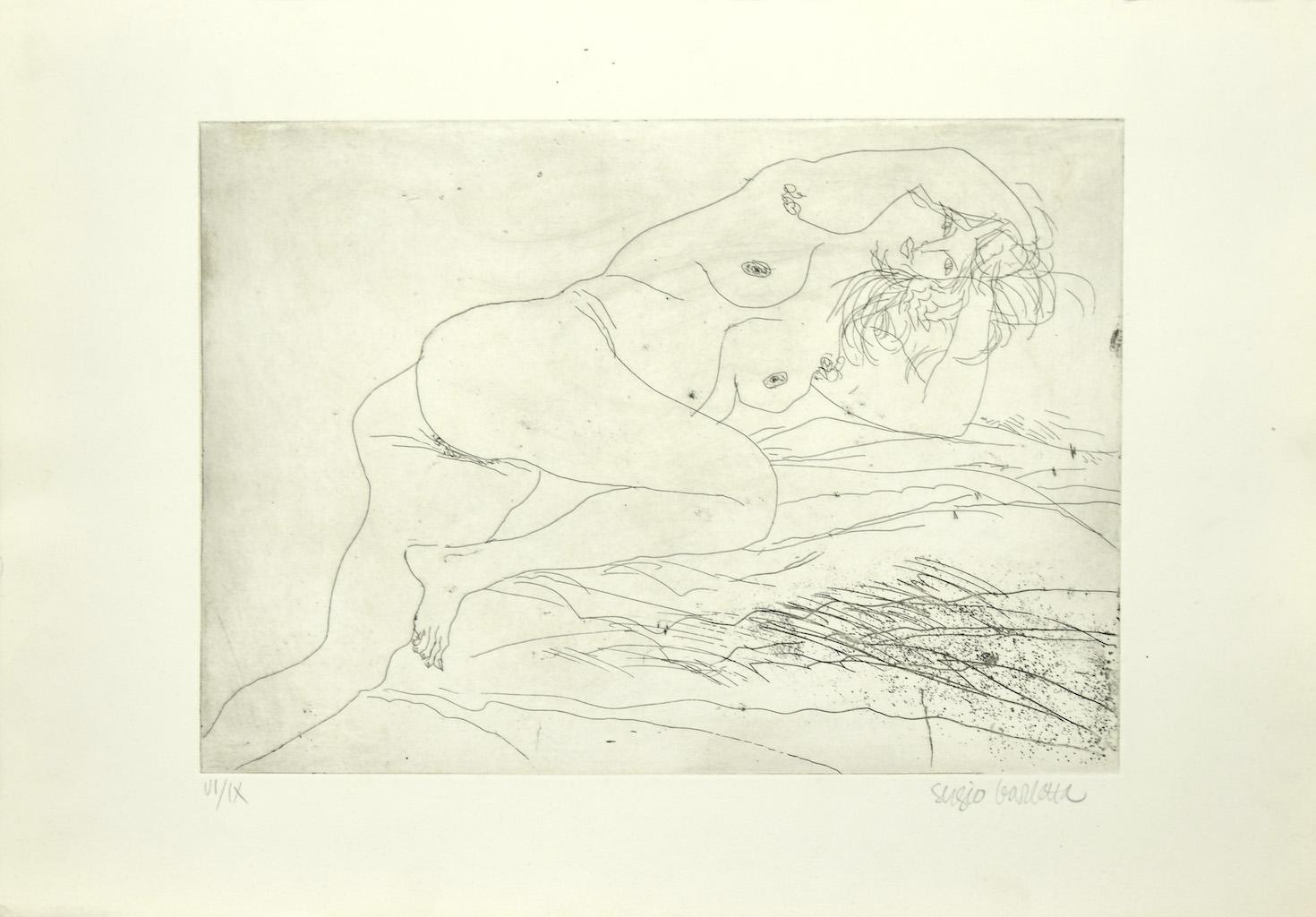 Nude is an original etching realized by Sergio Barletta in 1975 ca.

Hand-signed on the lower right in pencil. Numbered in Roman numerals, edition of VI/IX prints, on the lower left in pencil.

In very good conditions.

The artwork represents a