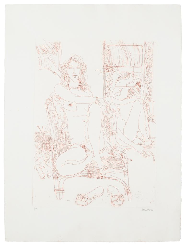 Nude is an original etching realized by Sergio Barletta. 

Hand-signed on the lower right in pencil. 

In very good conditions.

Sheet Dimension: 50 x 34 cm.

The artwork represents a Seated nude through confident and quick strokes in a harmonious