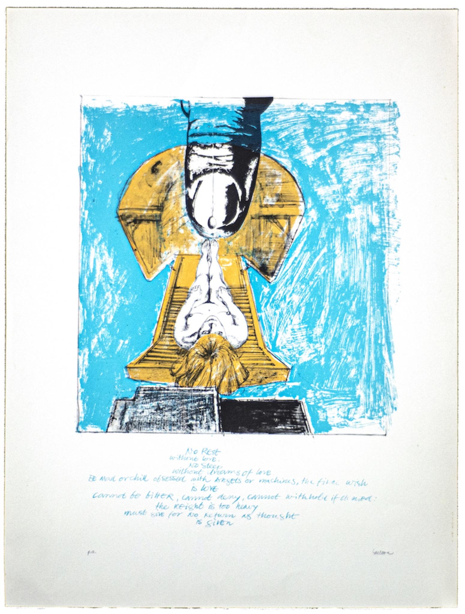 Nude is an original lithograph realized by Sergio Barletta.

With a poem written on the lower center in blue.

Hand-signed on the lower right. Artist's proof.

In very good conditions except for some folding along the margins.

The artwork