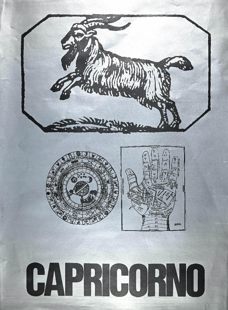 Segno Zodiacale Capricorno es una serigrafía original sobre papel gris realizada por Sergio Barletta.

Firmado en el margen inferior izquierdo.

En buen estado, salvo los bordes bastante consumidos.

La obra representa el signo zodiacal de