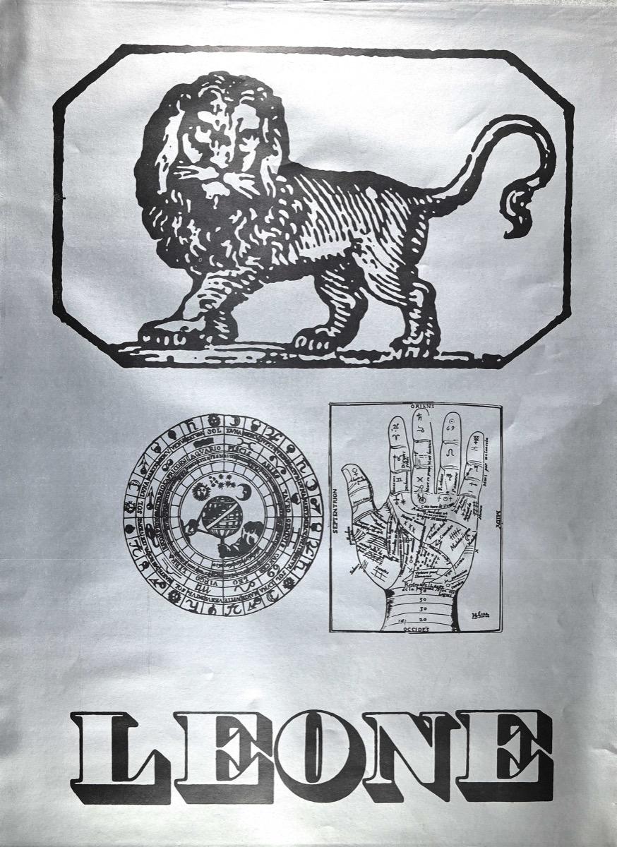 Segno Zodiacale Leone is an original screen print on grey paper realized by Sergio Barletta.

Signed on the lower left margin.

In good conditions except for fairly consumed edges.

Sergio Barletta (1934) is an Italian cartoonist and illustrator,