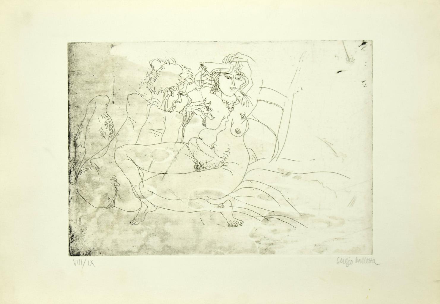 The Couple is an original etching realized by Sergio Barletta in 1975 ca.

Hand-signed on the lower right in pencil. Numbered in Roman numerals, edition of VIII/IX prints, on the lower left in pencil.

In very good conditions. Image Dimensions: 24 x
