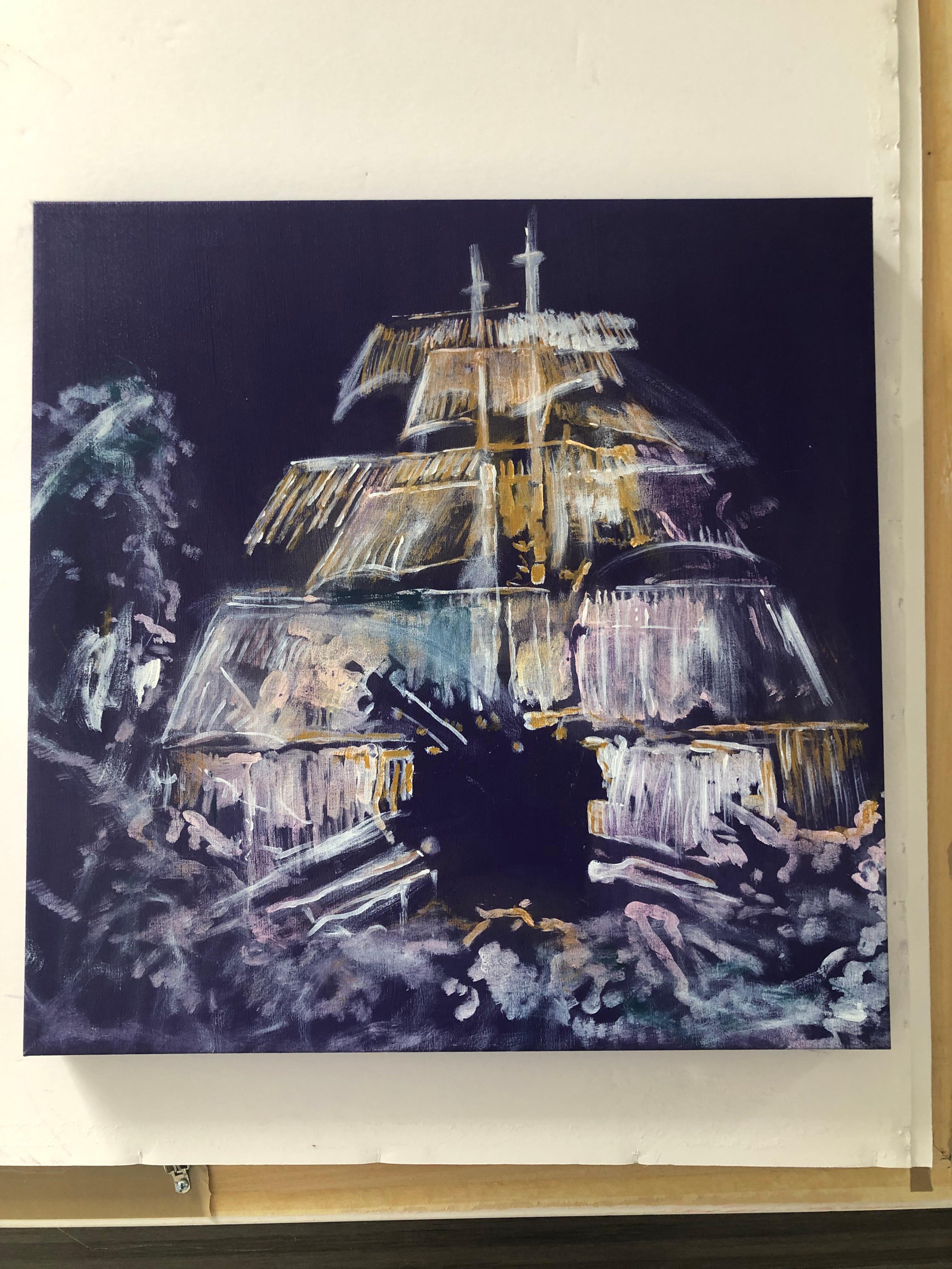 Barco Violeta III. Pittura a tecnica mista su tela in vendita 1
