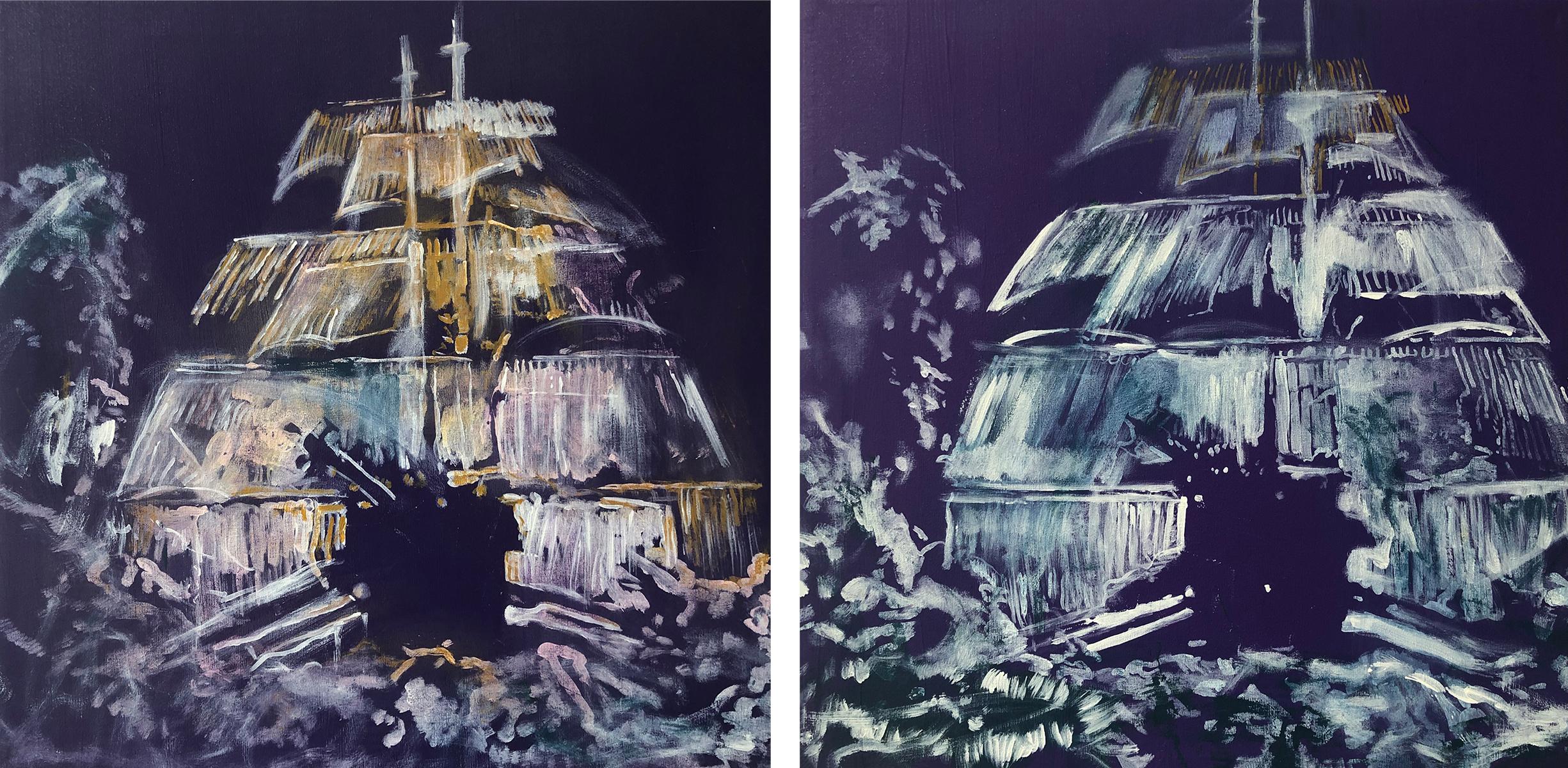 Sergio Bazan Landscape Painting – Barcos Violeta II & III, Diptychon. Mix-Media-Gemälde auf Leinwand