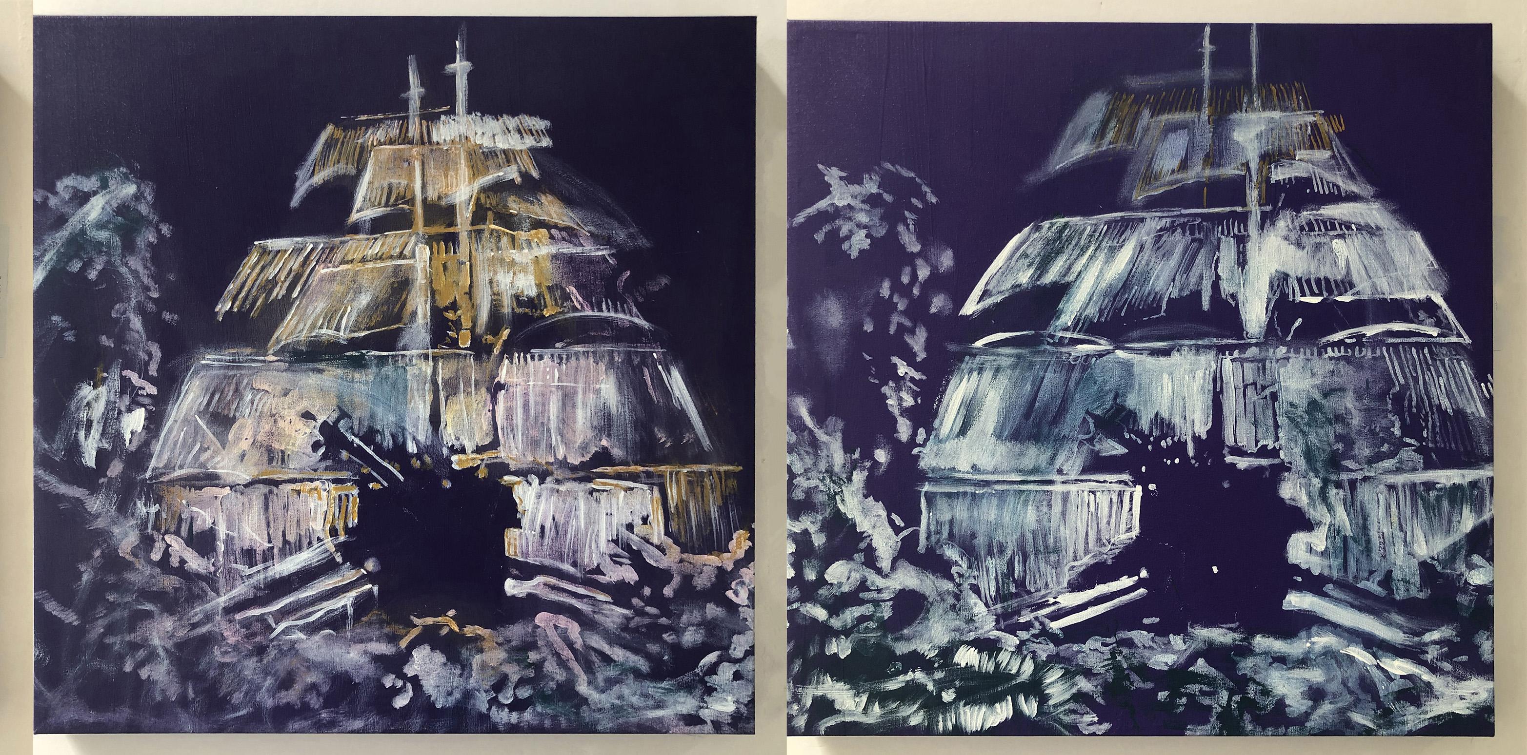 Barcos Violeta II y III, Díptico . Pintura mixta sobre lienzo