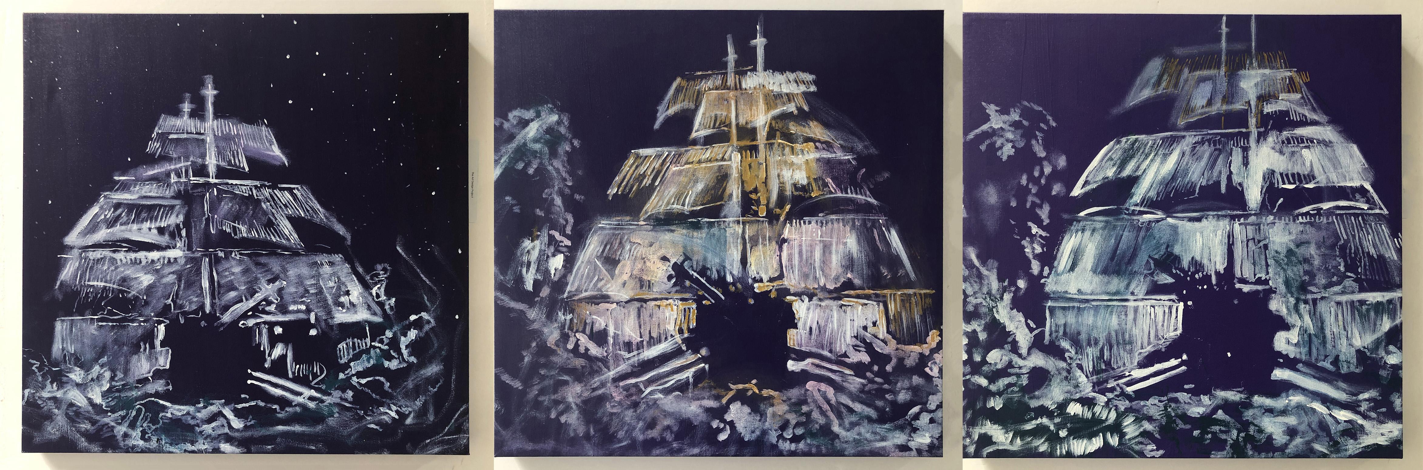 Barcos Violeta, Tríptico. Técnica mixta abstracta sobre lienzo