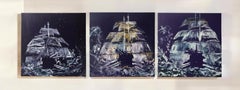 Barcos Violeta, Triptych. Mix media abstract on Canvas painting