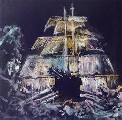 Barcos Violeta, Triptych. Mix media abstract on Canvas painting