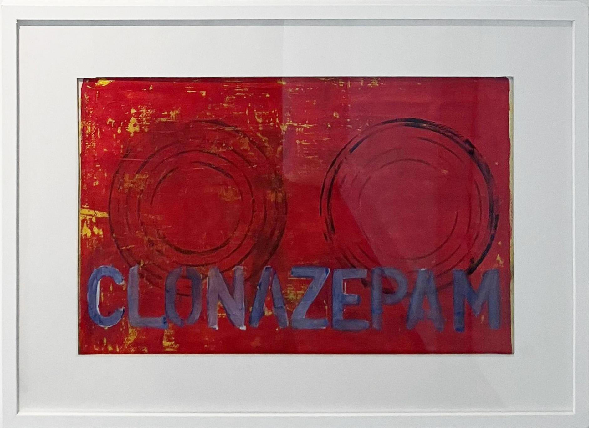 Clonazepam, Abstract Painting on Canvas. From The chemical vest Series - Red Still-Life Painting by Sergio Bazan
