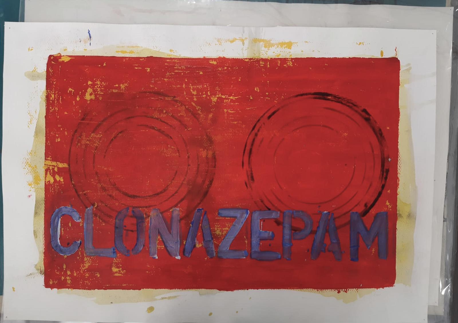 Clonazepam, Abstract Painting on Canvas. From the Chaleco Quimico series - Red Still-Life Painting by Sergio Bazan