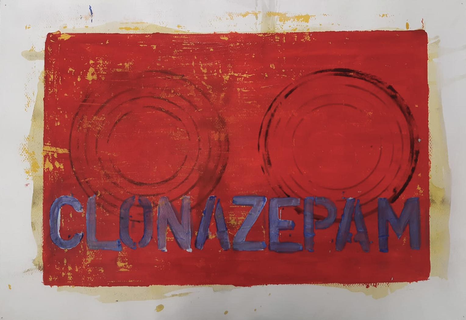 Clonazepam, by Sergio Bazan
From the Chaleco Quimico series
Acrylic paint on paper
Image Size: 18 H x 25 W inches
Unframed

Signed by artist

_______

The paintings of Sergio Bazán have a strong gesture and expressionist imprint, firm and consistent