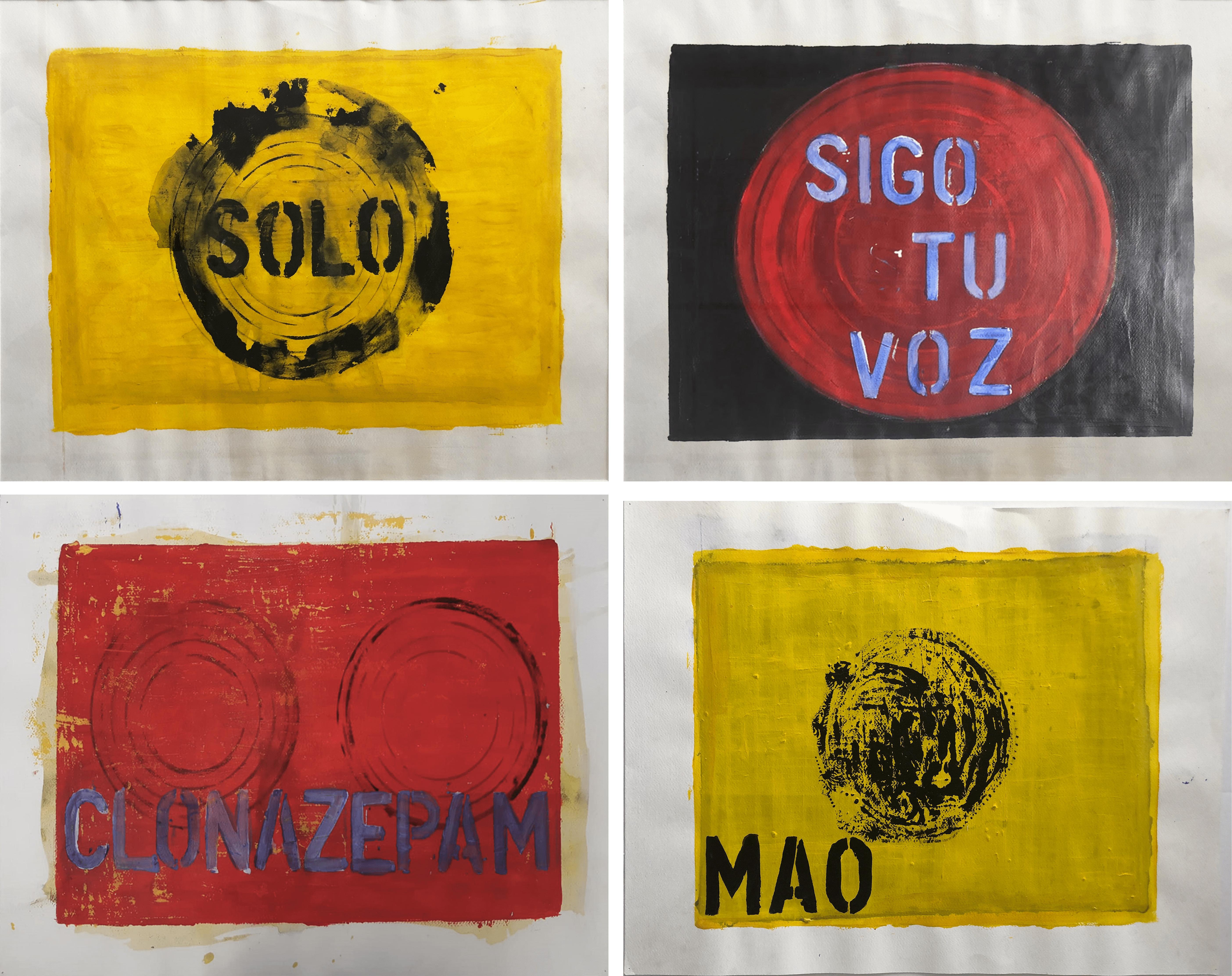 Still-Life Painting di Sergio Bazan - Set Solo, Sigo tu voz, Clonazepam e Mao. Pittura acrilica su carta