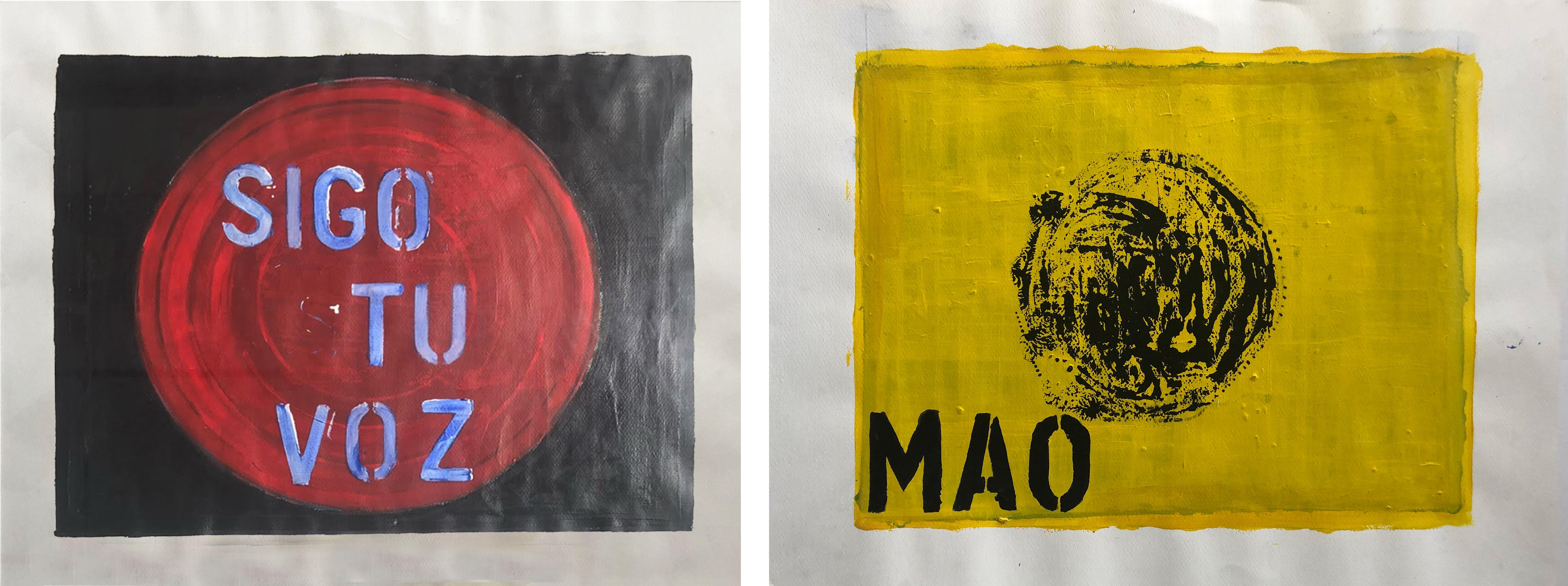 Sergio Bazan Still-Life Painting - Sigo tu voz and Mao. Paintings, Diptych. From the Chaleco Quimico series