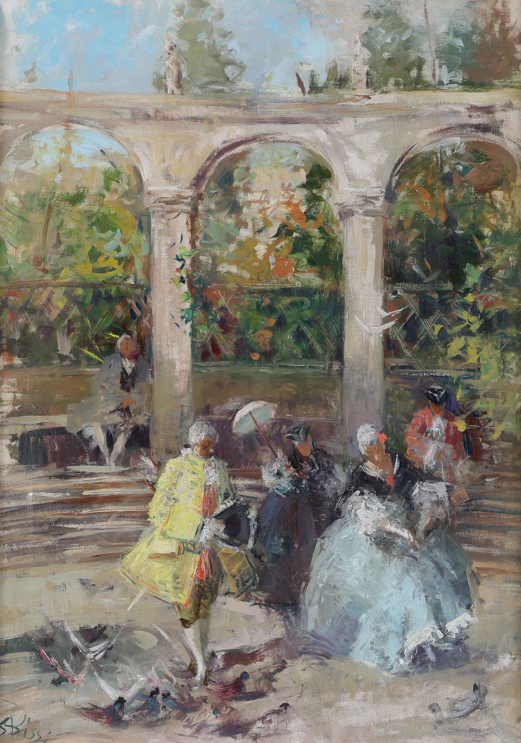 Figures in a Courtyard - Painting by sergio bissi