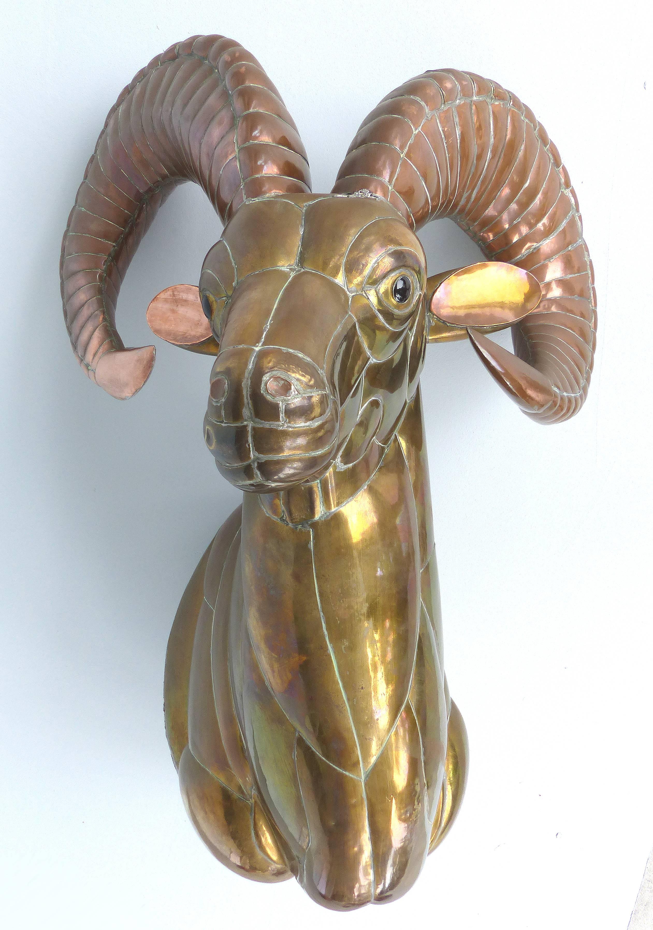 Sergio Bustamante 1970s Mexican Mixed Metals Ram's Head Wall Sculpture In Good Condition In Miami, FL