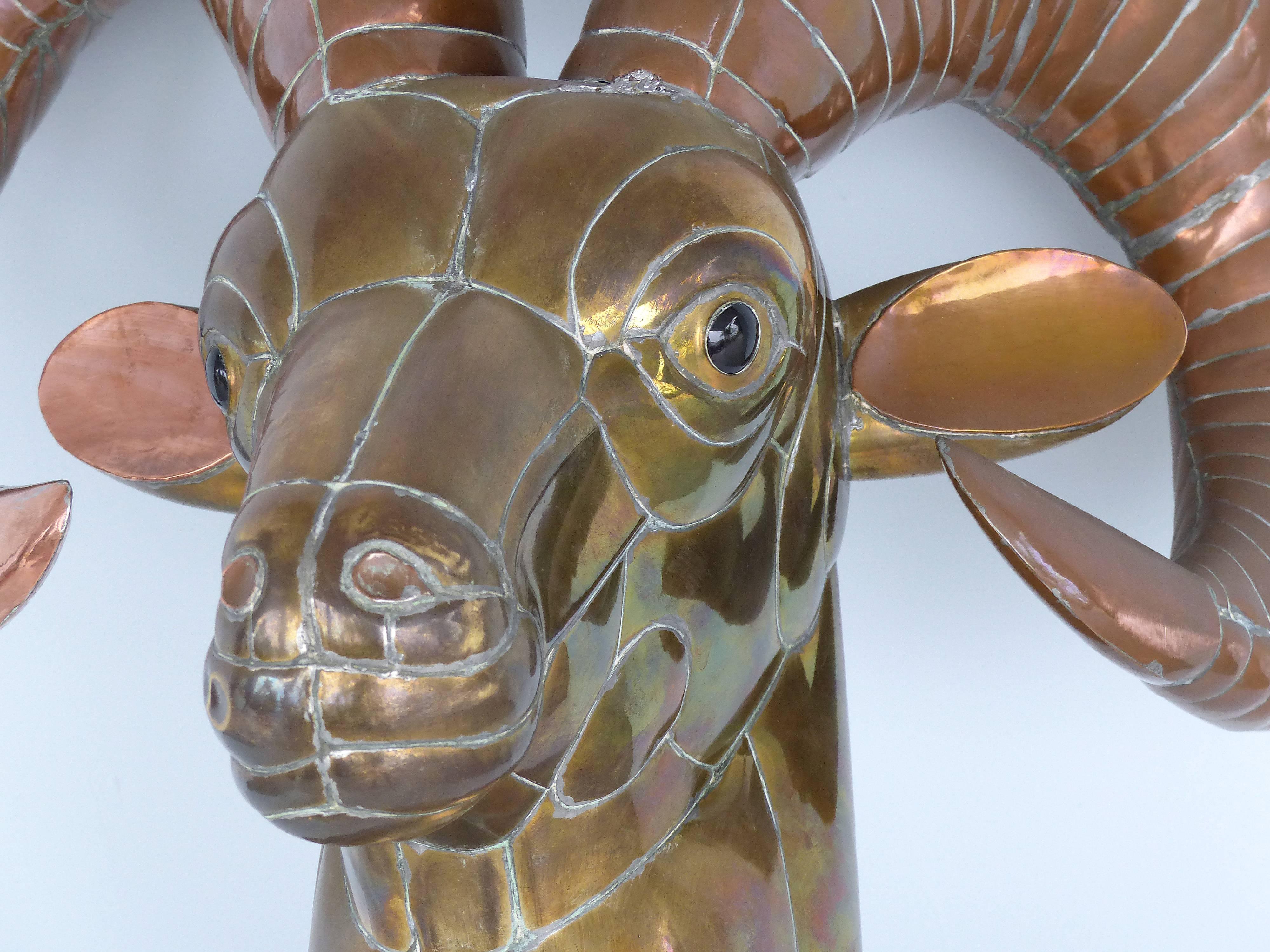 Late 20th Century Sergio Bustamante 1970s Mexican Mixed Metals Ram's Head Wall Sculpture