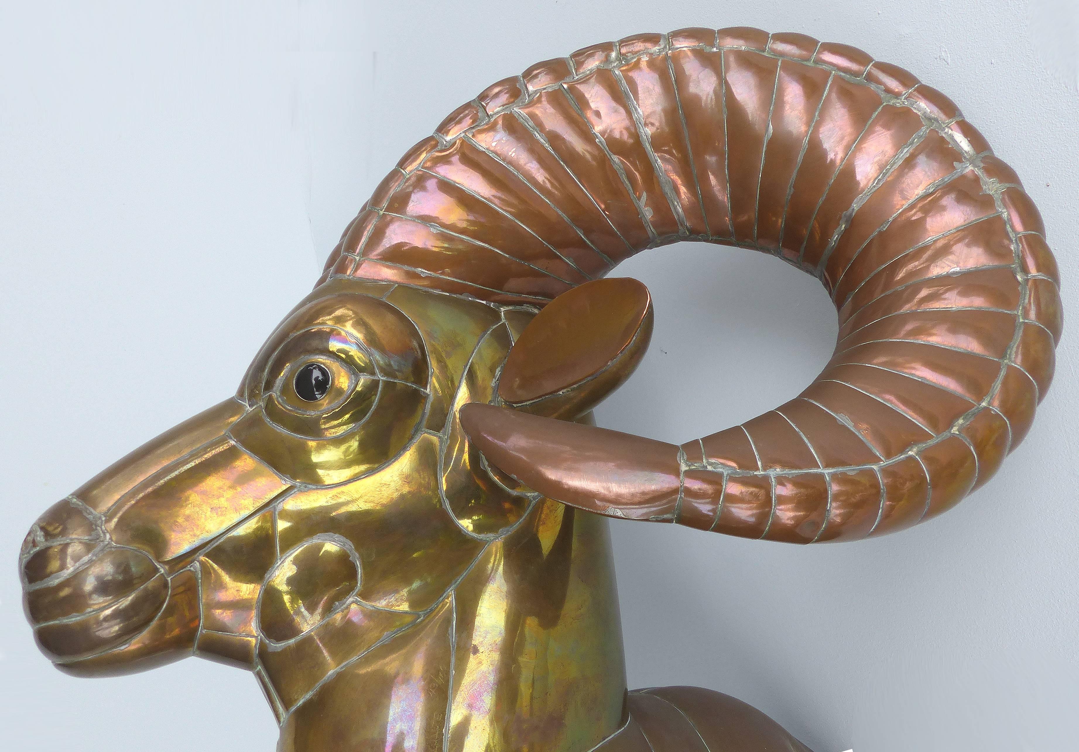 Brass Sergio Bustamante 1970s Mexican Mixed Metals Ram's Head Wall Sculpture