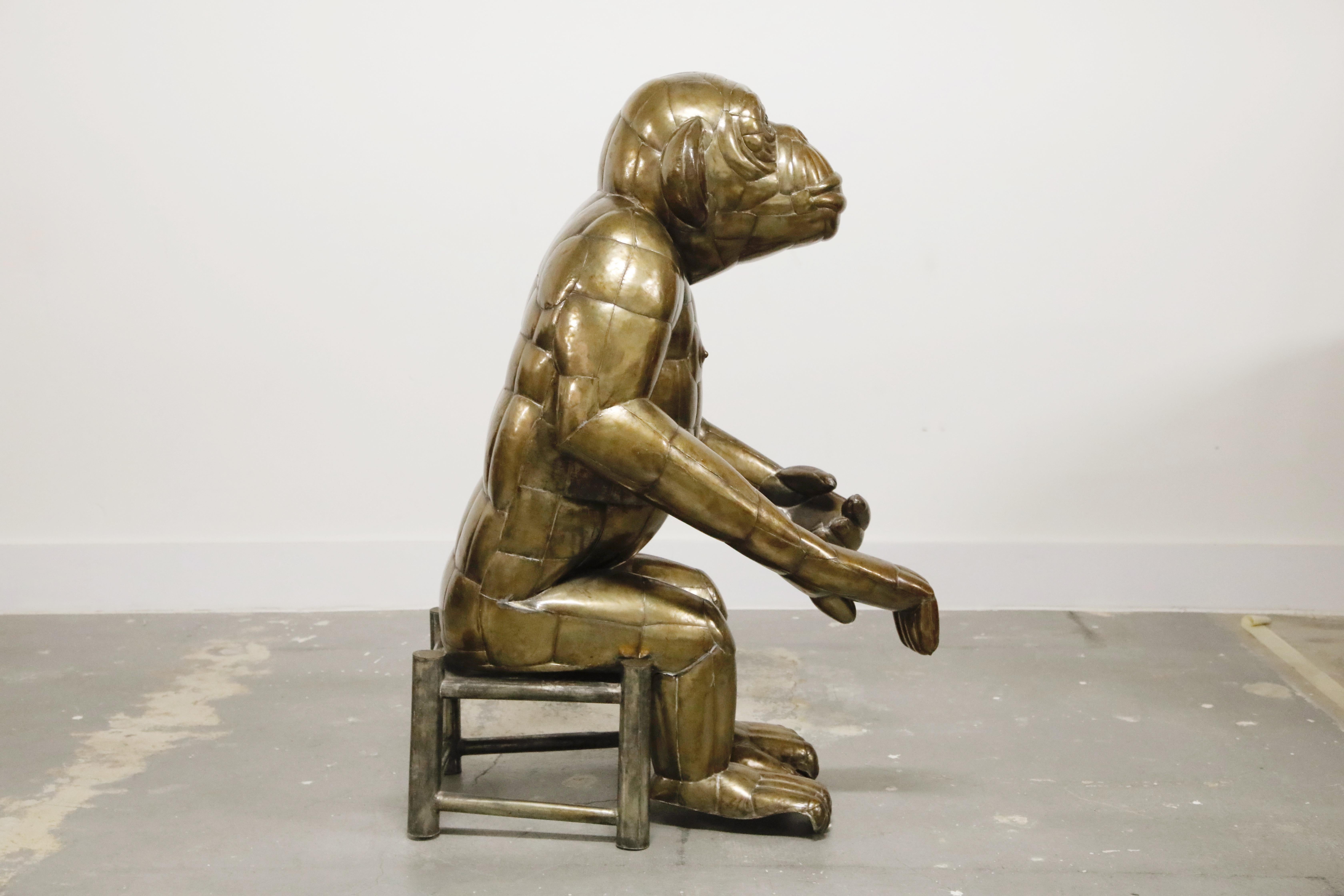 Sergio Bustamante Tall Brass Monkey and Chair, 1970s, Signed In Good Condition In Los Angeles, CA