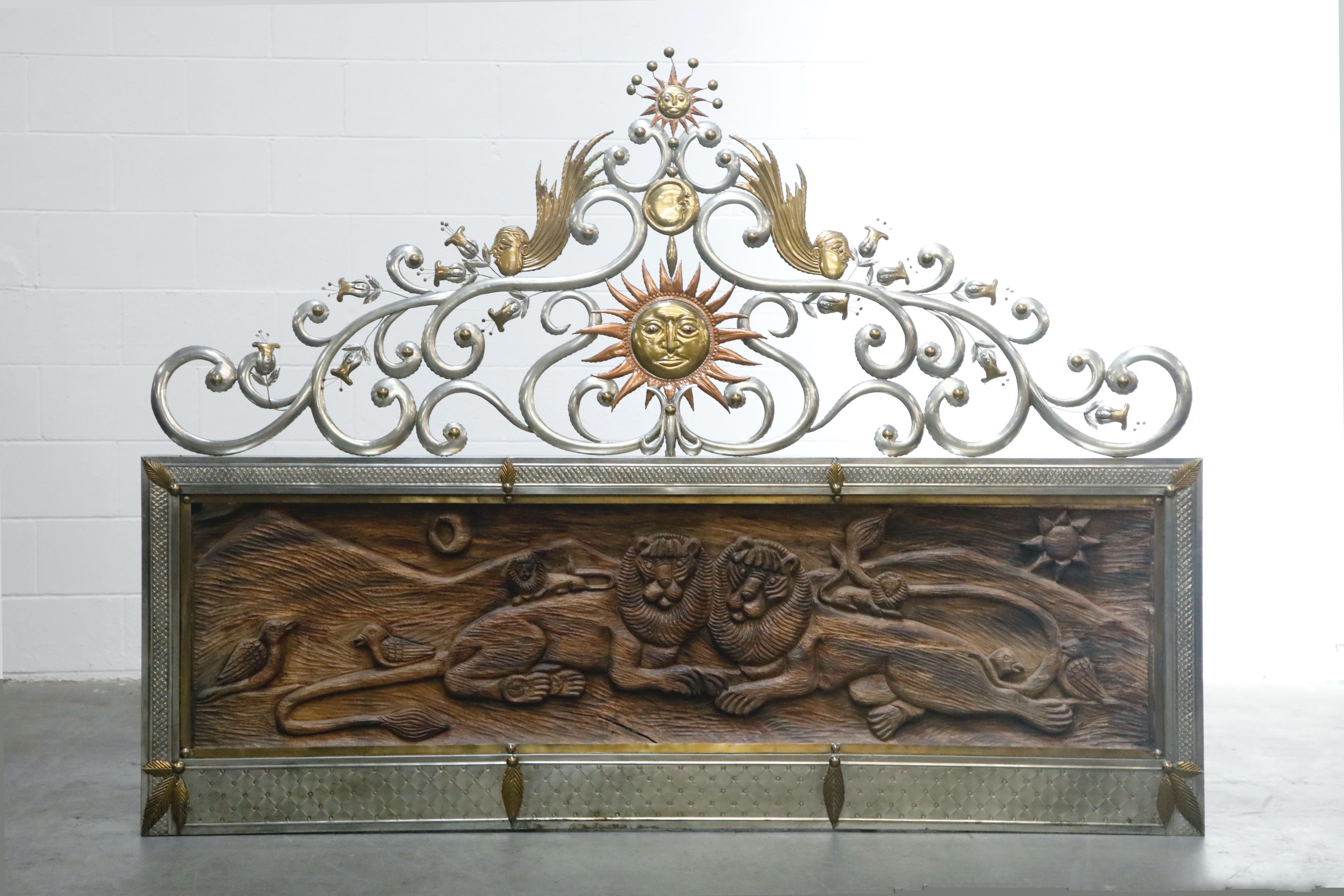 This incredible carved wood, copper, brass and tin King Sized Headboard is attributed to Sergio Bustamante, circa 1970s, and features intricately carved wood and sculpted copper, tin and brass. 

The upper portion of this functional art piece