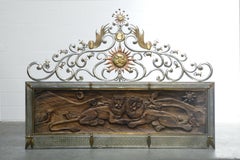 Sergio Bustamante Attr Carved Wood, Copper and Brass King Sized Headboard c 1970