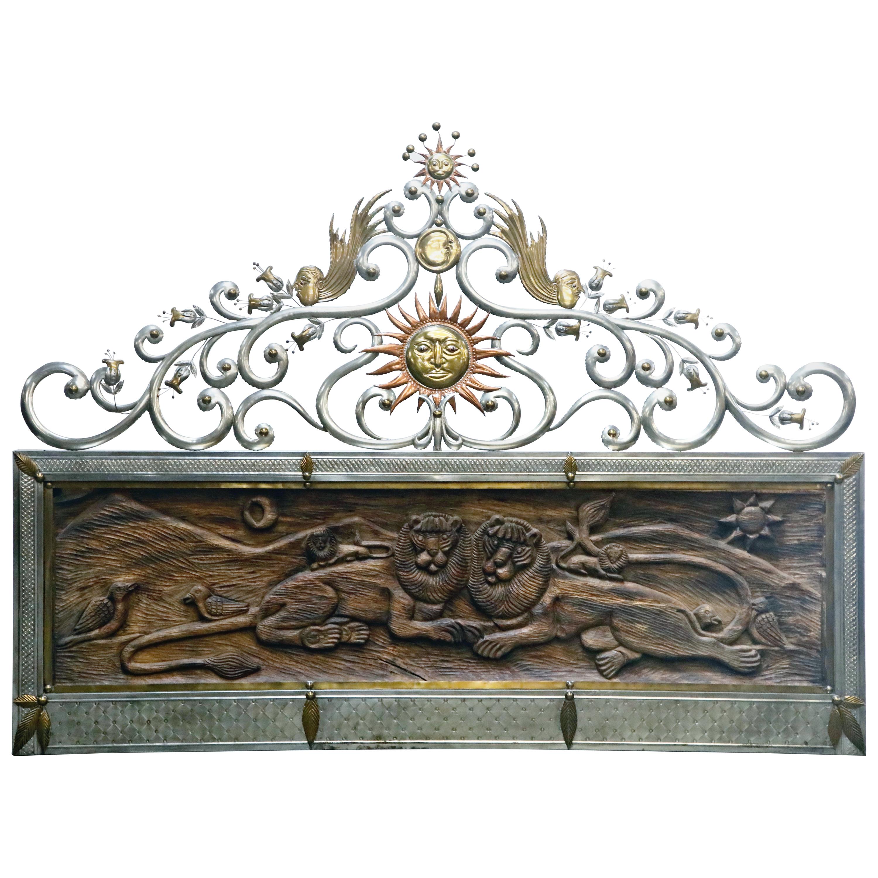 Sergio Bustamante Attr Carved Wood, Copper and Brass King Sized Headboard c 1970