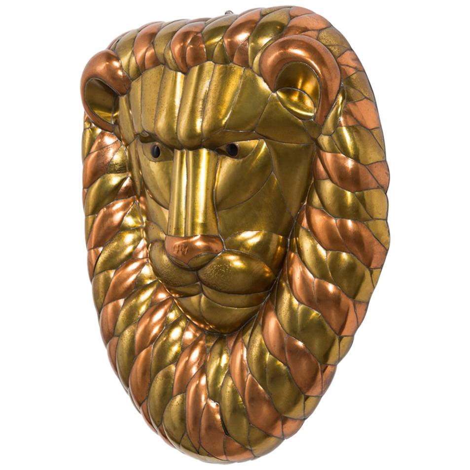 Sergio Bustamante Brass and Copper Lion Wall Mask, 1960s For Sale