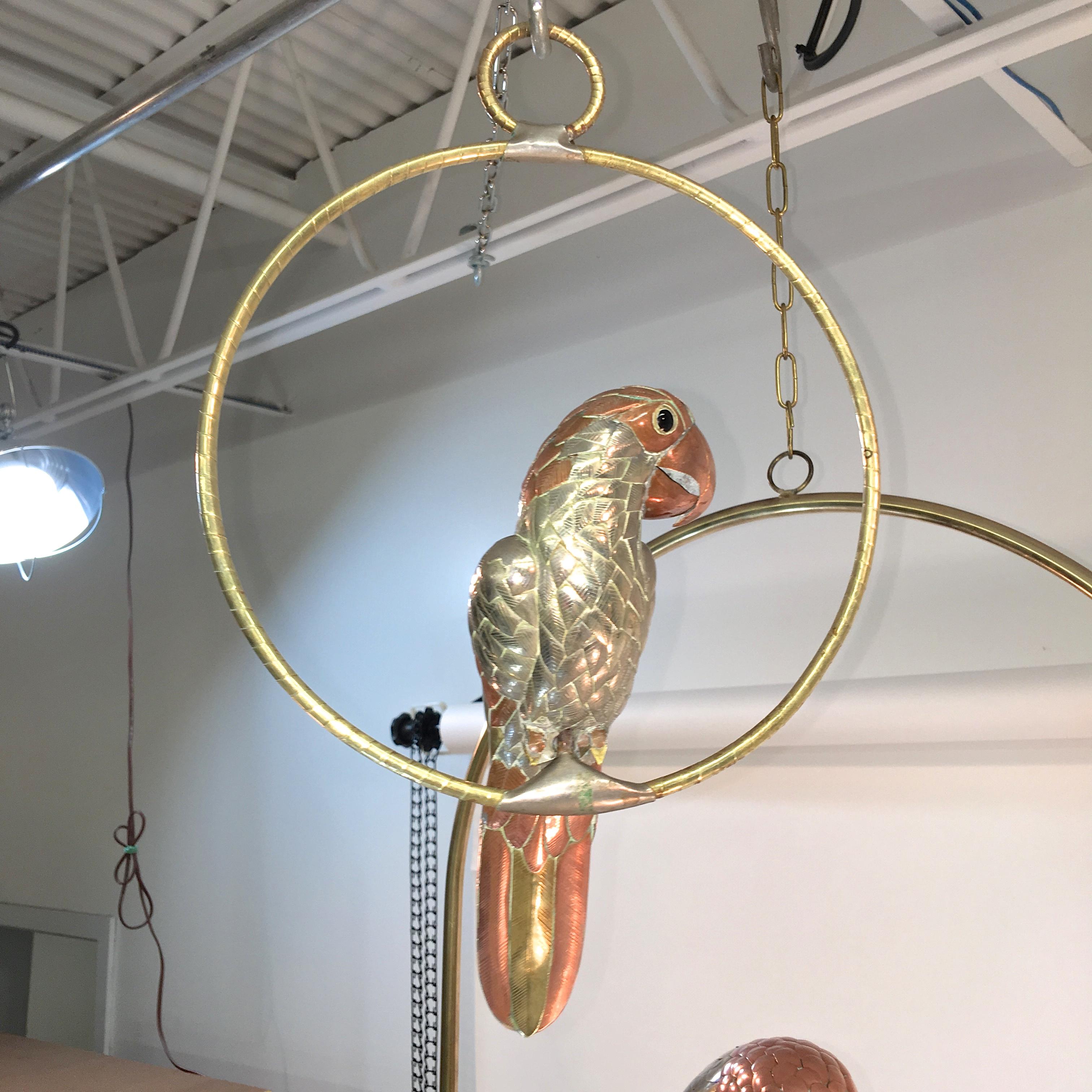 Sergio Bustamante Brass and Copper Tropical Birds on Swinging Perch 2