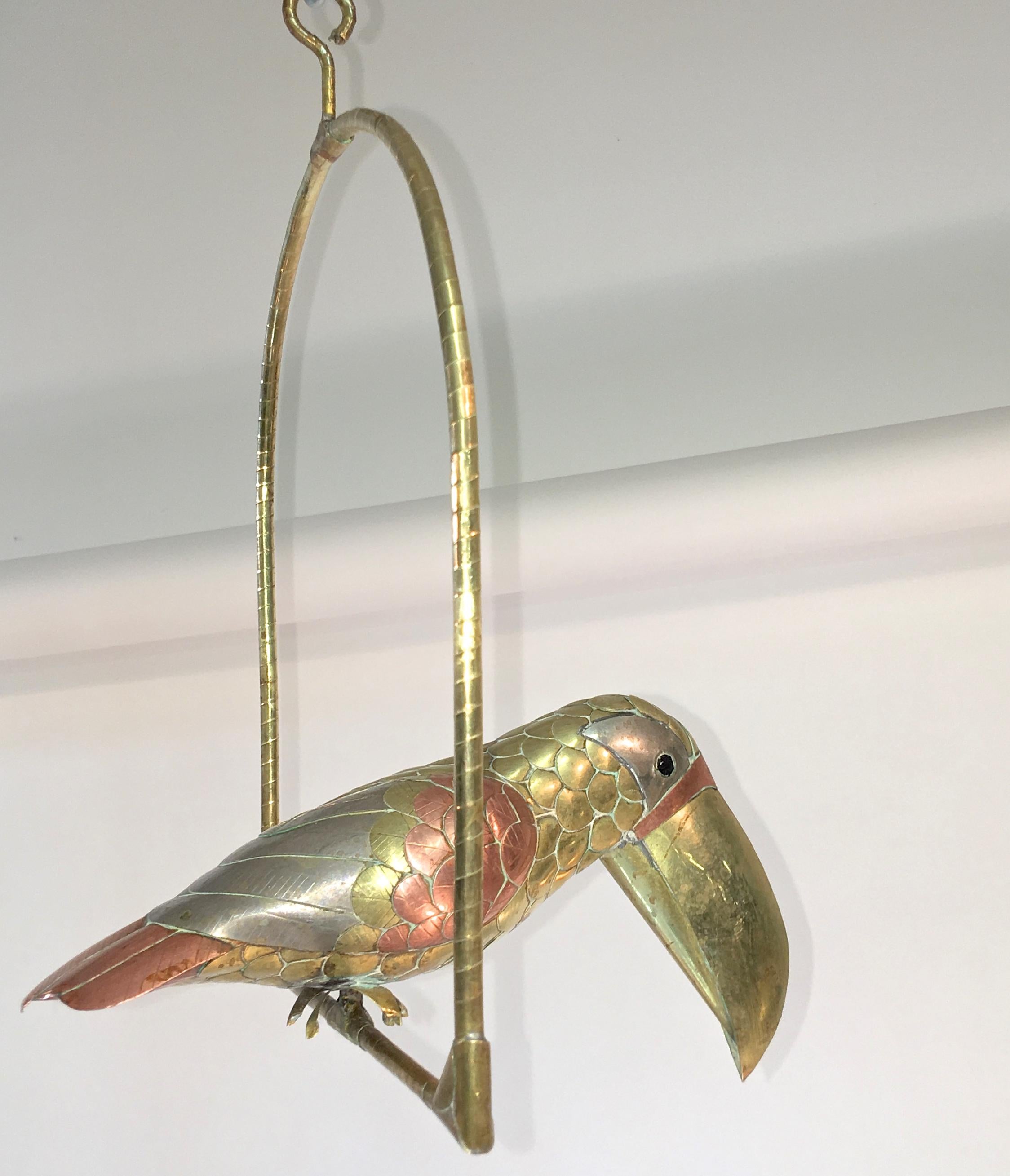 Sergio Bustamante Brass and Copper Tropical Birds on Swinging Perch 3