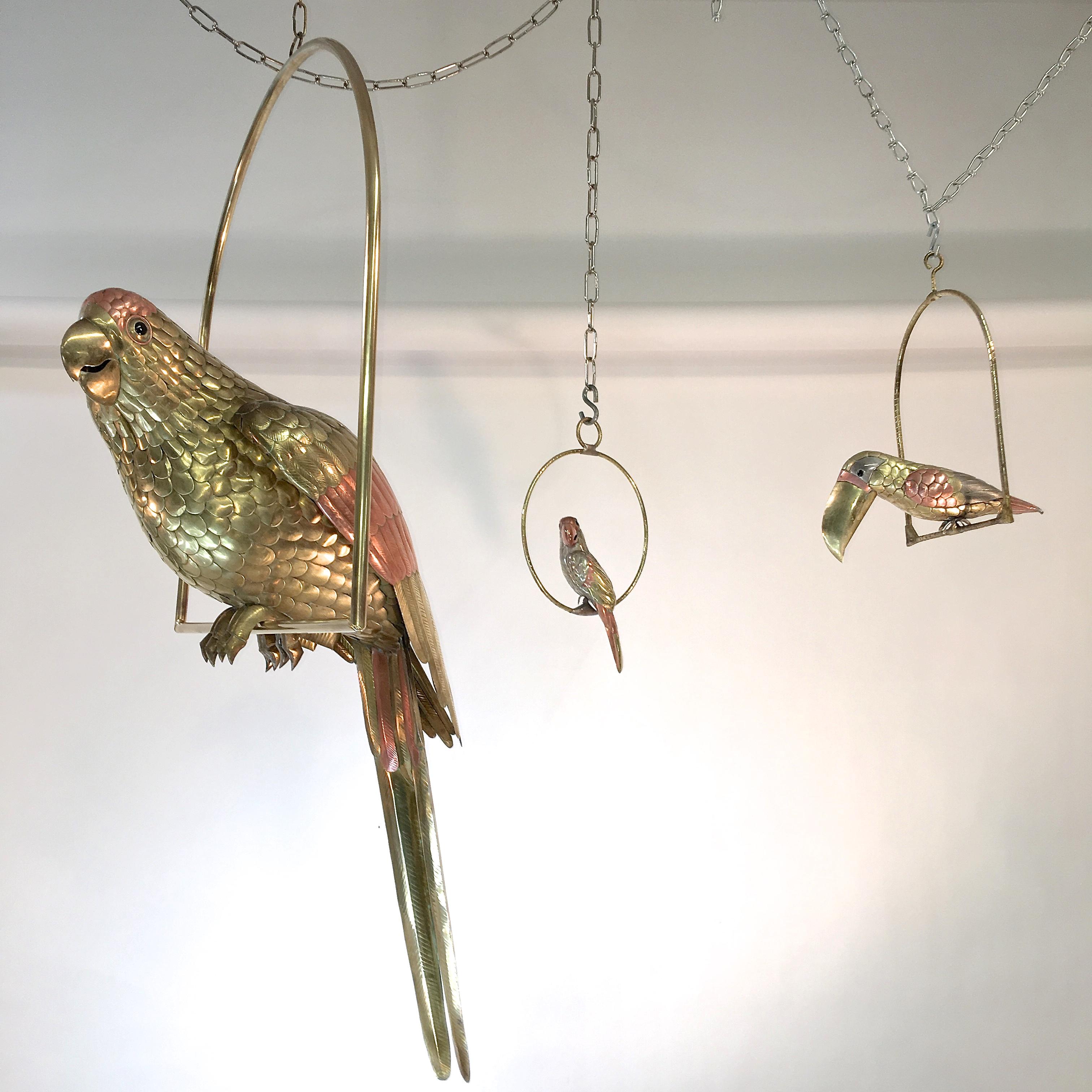 Sergio Bustamante Brass and Copper Tropical Birds on Swinging Perch 5