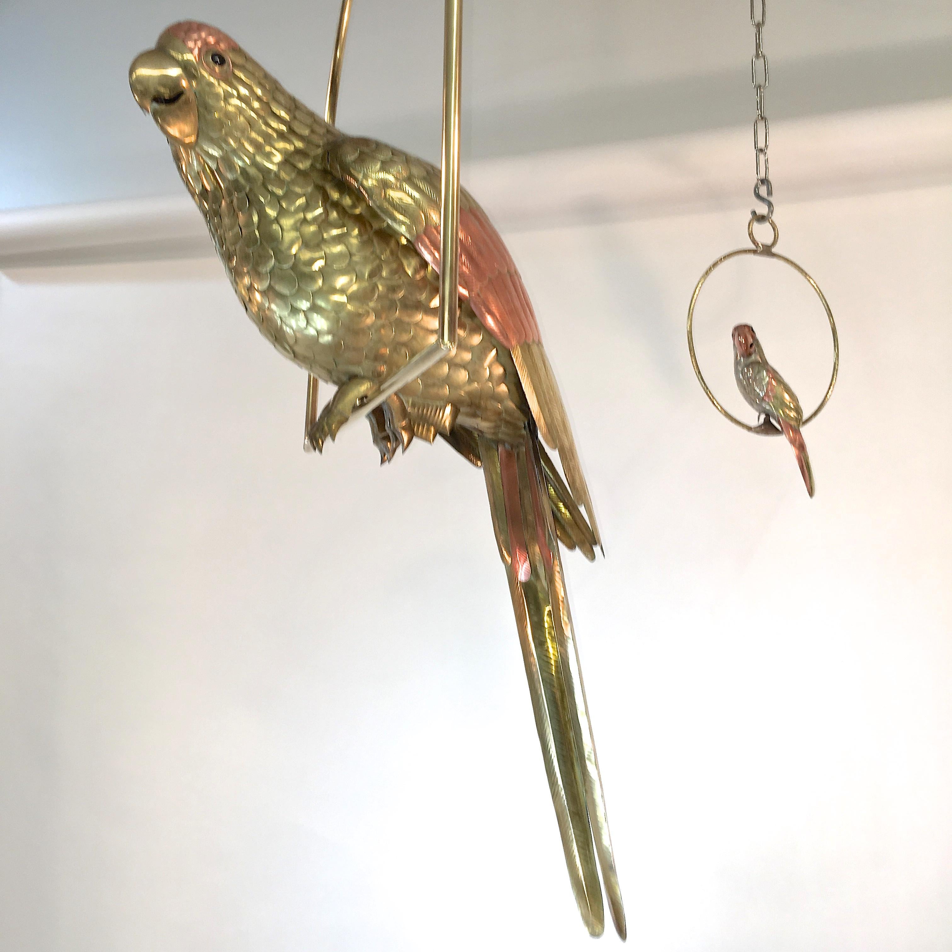 Sergio Bustamante Brass and Copper Tropical Birds on Swinging Perch 6