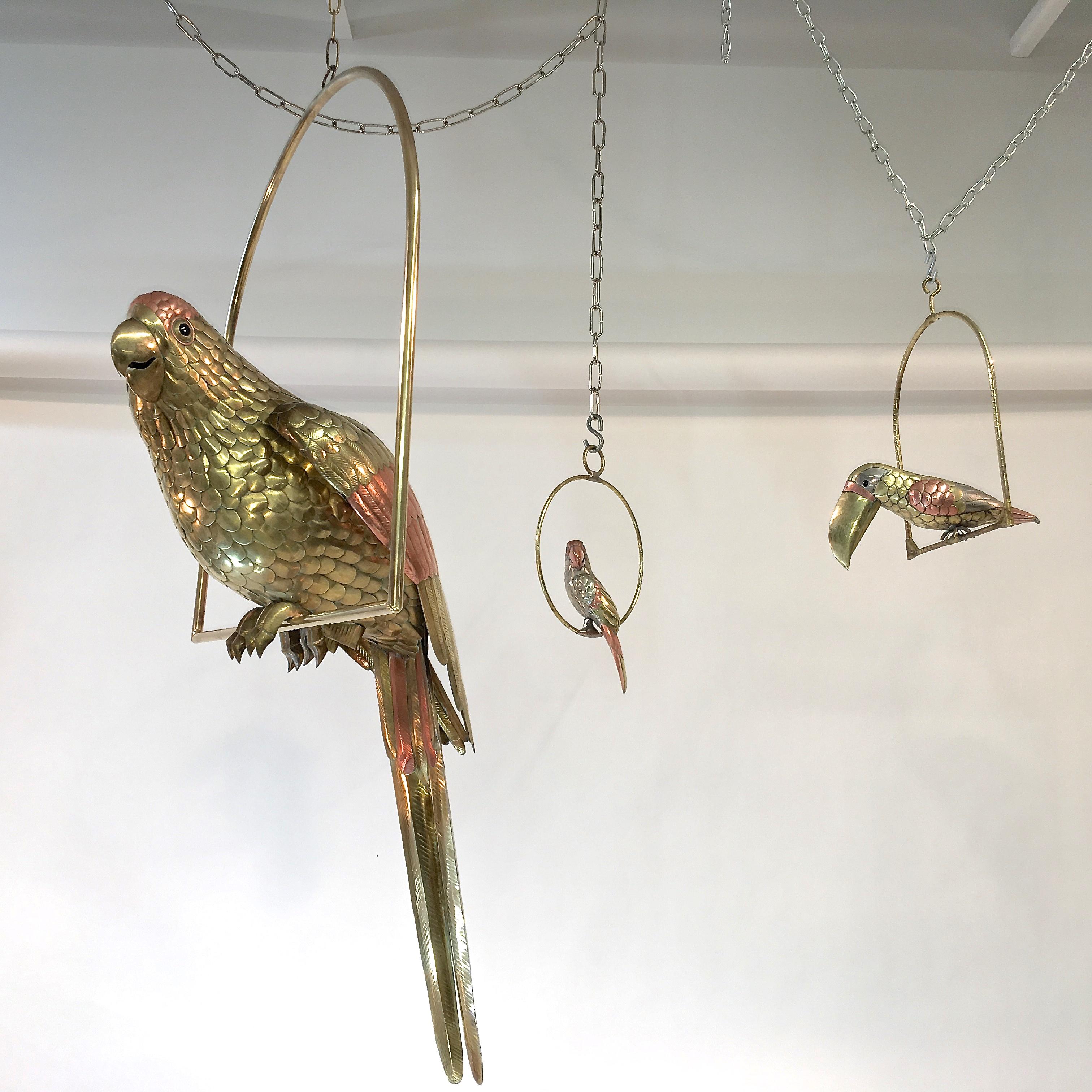 Sergio Bustamante Brass and Copper Tropical Birds on Swinging Perch 9