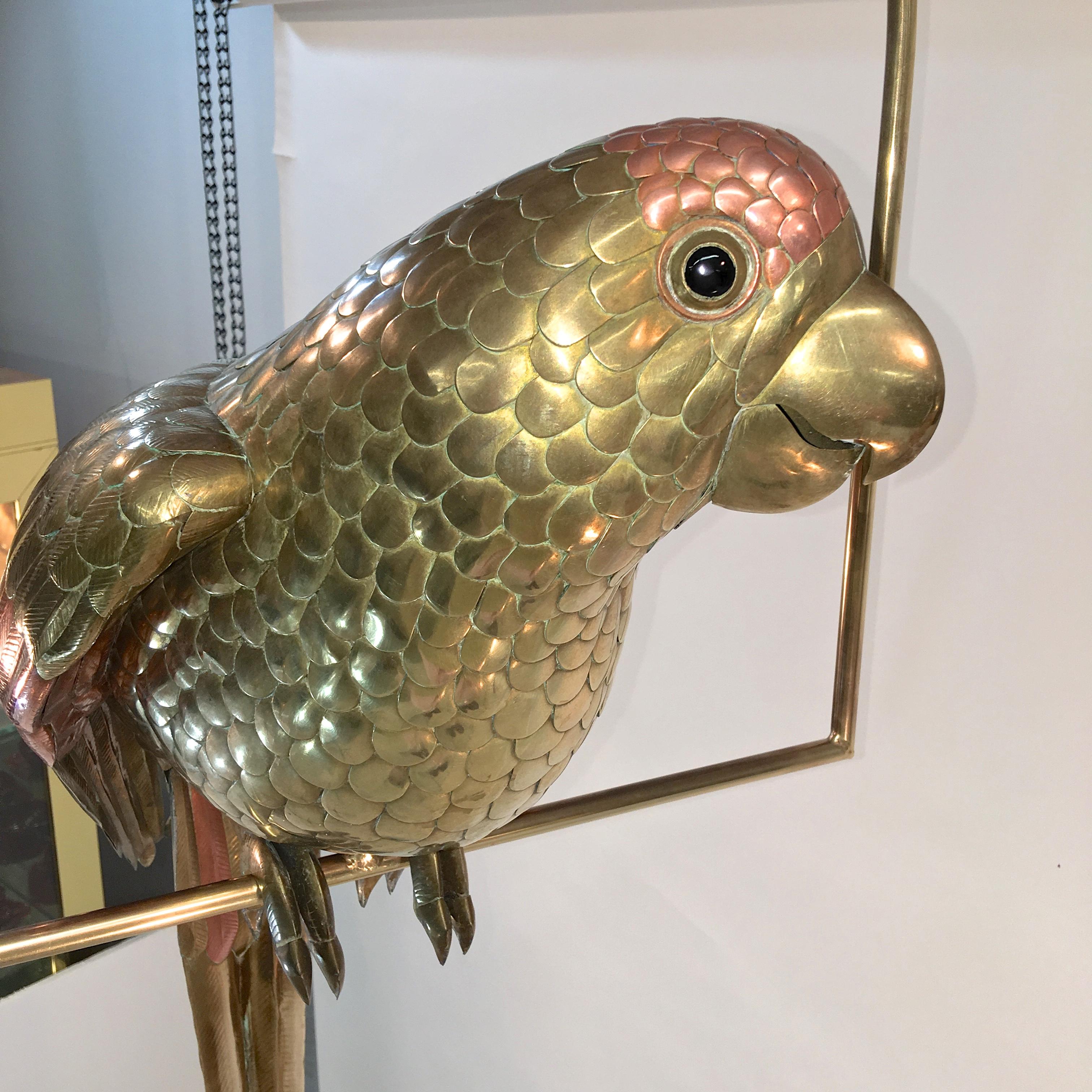 Sergio Bustamante Brass and Copper Tropical Birds on Swinging Perch In Good Condition In Hanover, MA