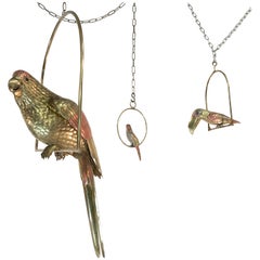 Sergio Bustamante Brass and Copper Tropical Birds on Swinging Perch