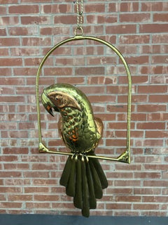 Sergio Bustamante Brass Parrot on Swing — Mid-Century Modern Mexican Folk Art