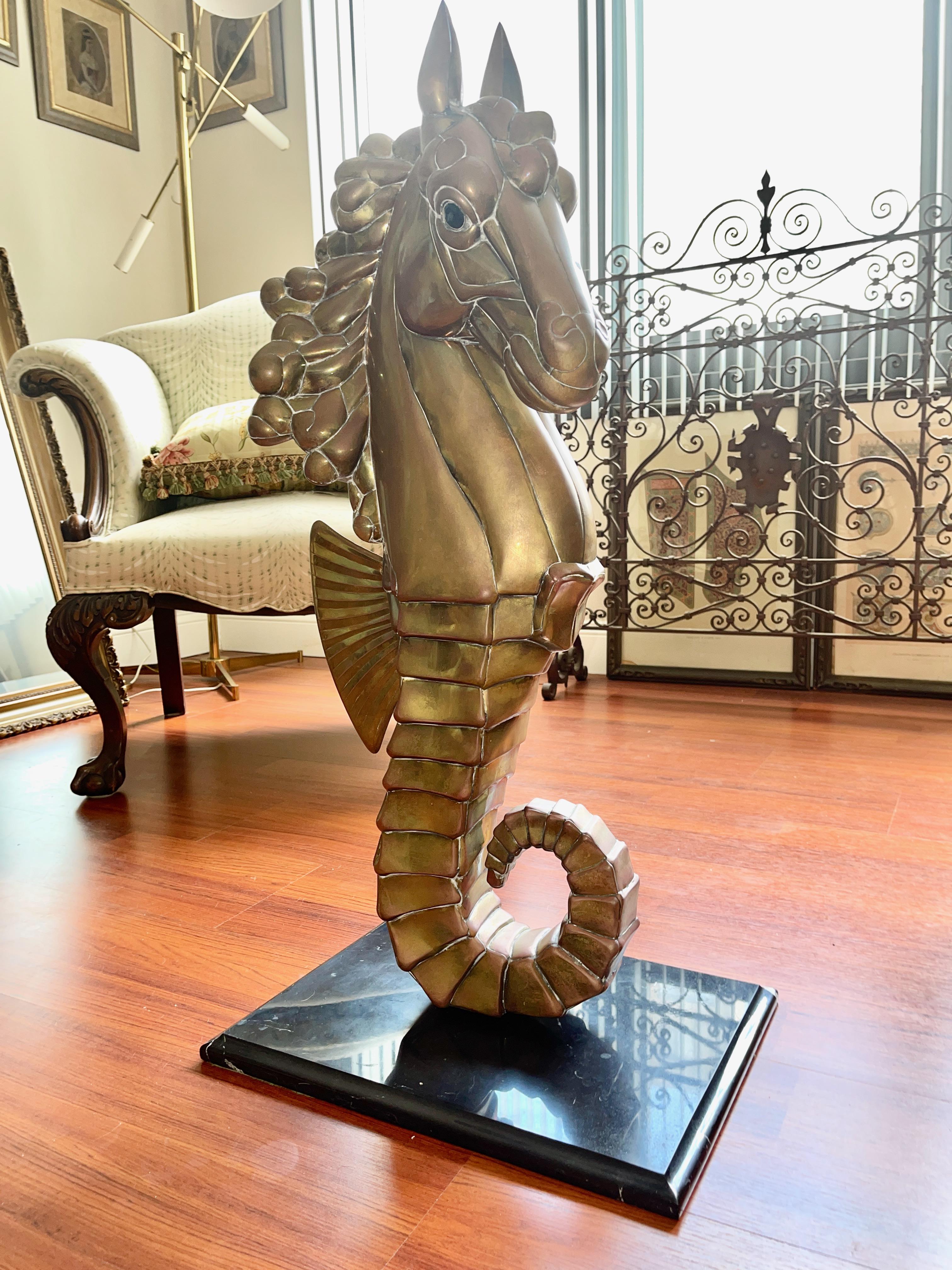 Mexican Sergio Bustamante Brass Seahorse on Marble Stand