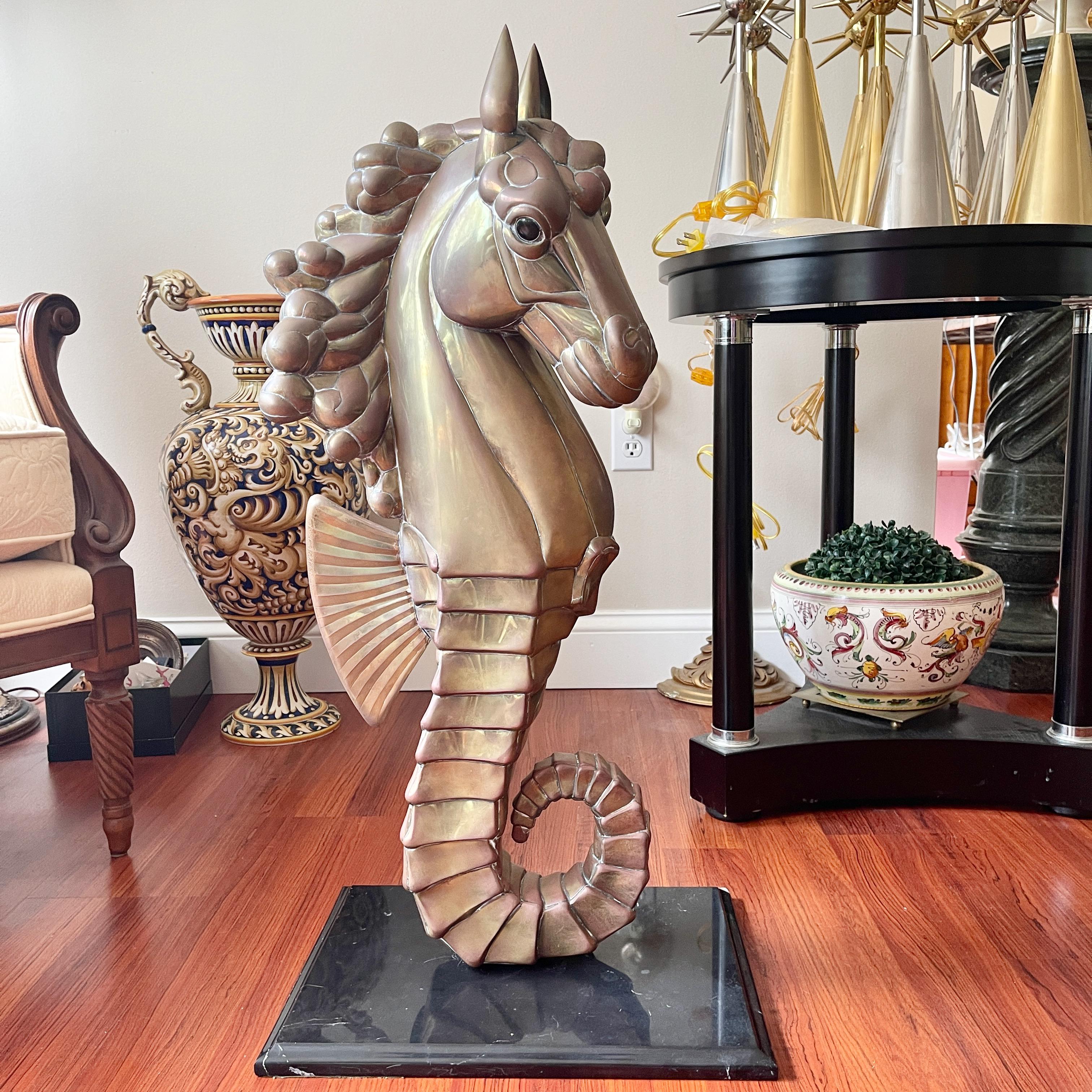 Sergio Bustamante Brass Seahorse on Marble Stand In Good Condition In Hanover, MA
