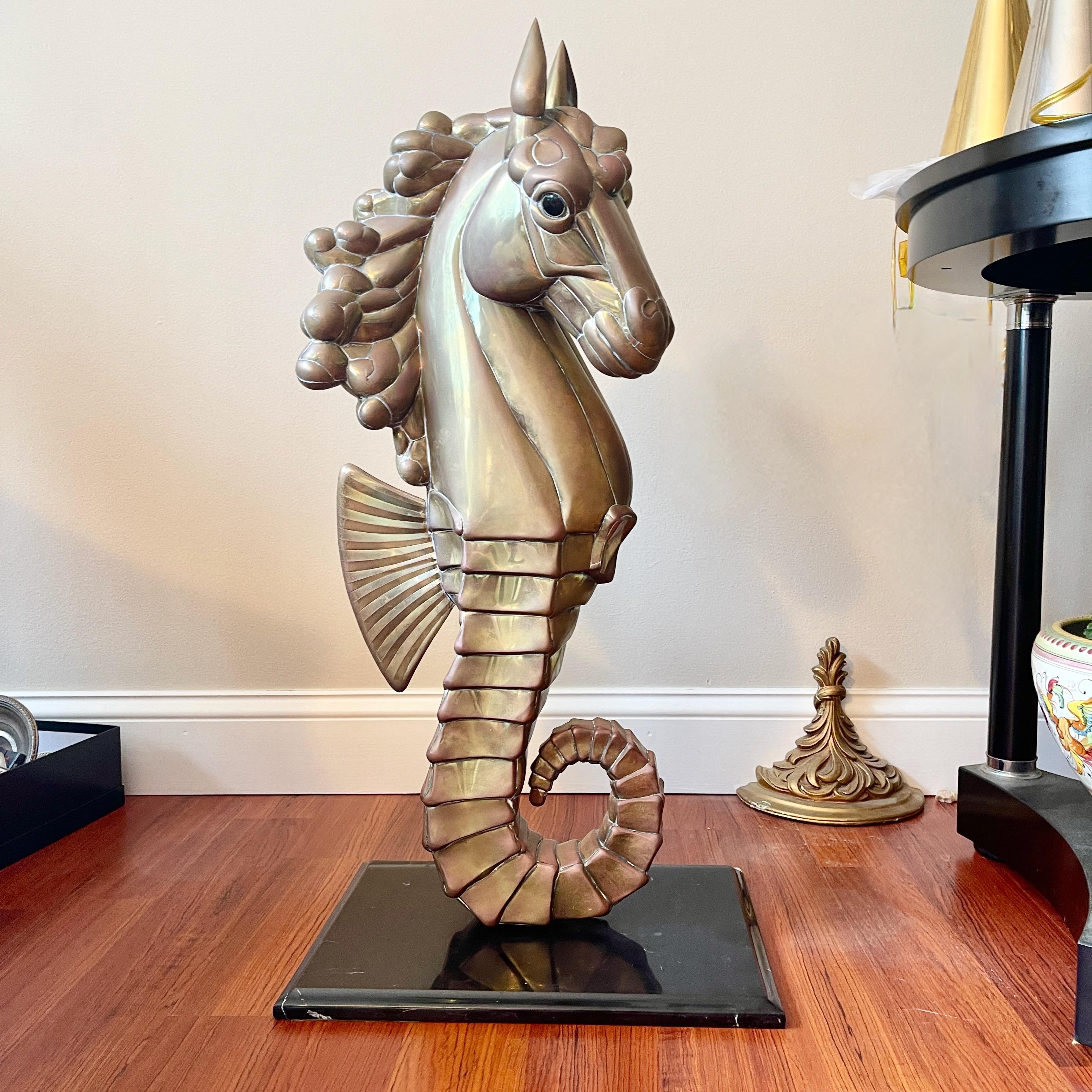 Late 20th Century Sergio Bustamante Brass Seahorse on Marble Stand
