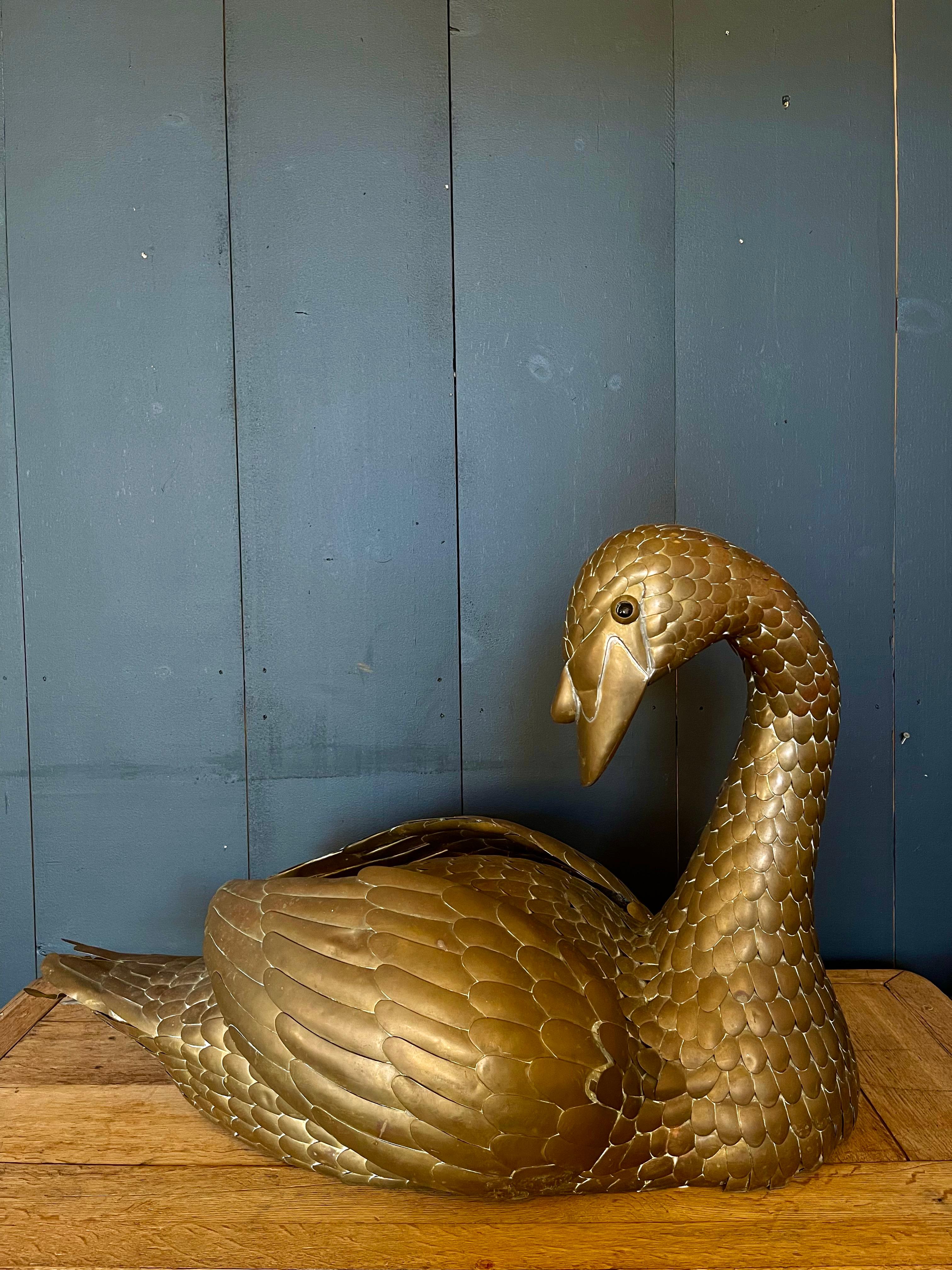 Sergio Bustamante Brass Swan Sculpture In Good Condition For Sale In Mckinney, TX