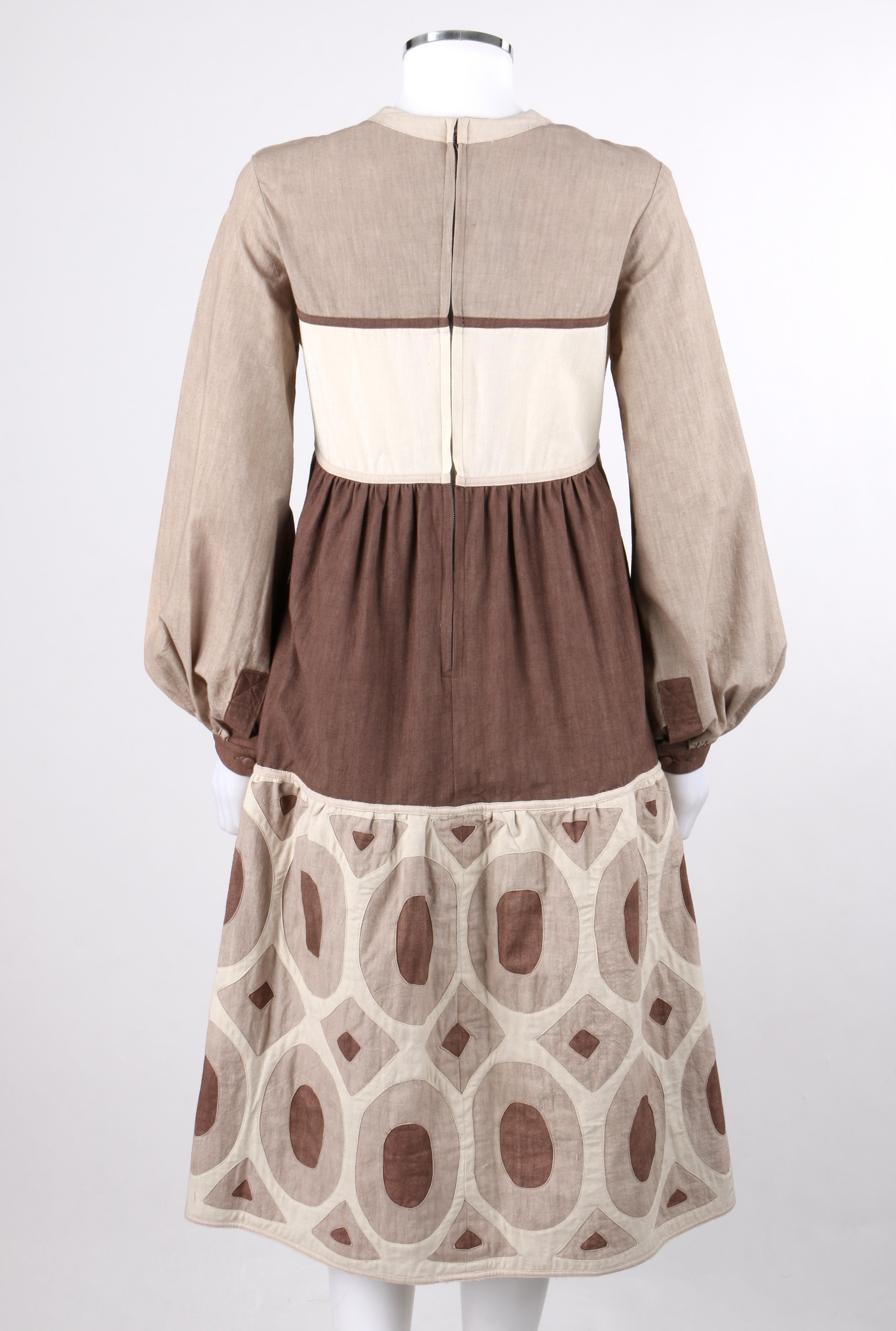 SERGIO BUSTAMANTE c. 1970's Hand-Dyed Braun Geometrische lange Ärmel Tag Kleid Rare im Zustand „Gut“ in Thiensville, WI
